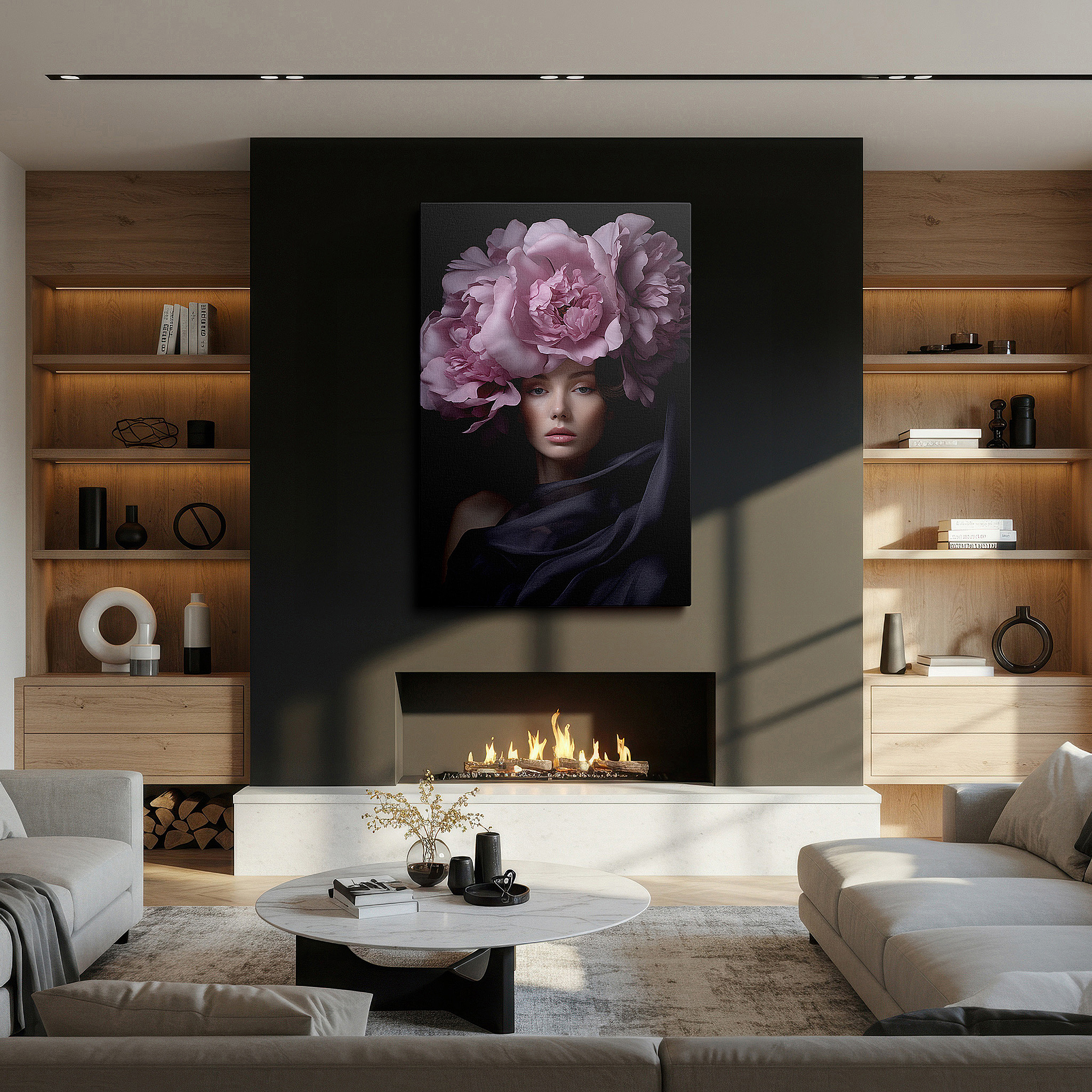 At 60×40 cm, this format fits effortlessly over dressers or benches — pink floral crown serenity: a portrait of feminine grace and elegance - large canvas wall art for home and office decor