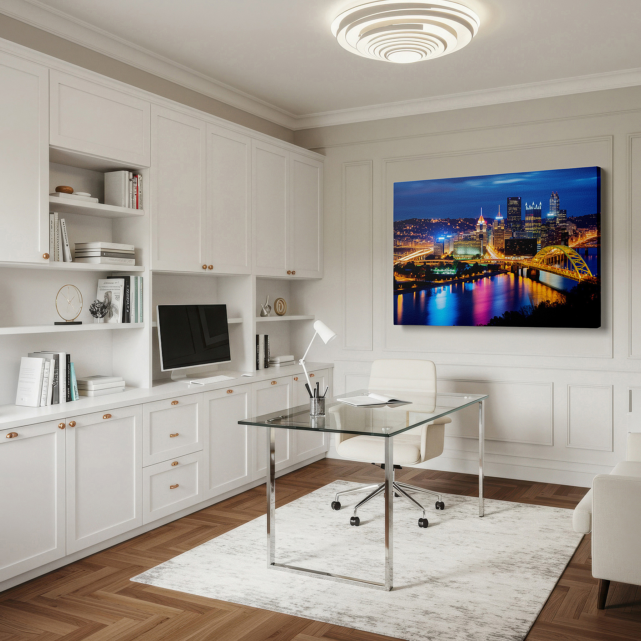 At 60×40 cm, this format fits effortlessly over dressers or benches — pittsburgh skyline at dusk: a vibrant blend of city buzz and peaceful nature - large wall art, canvas wall art, wall decor for office