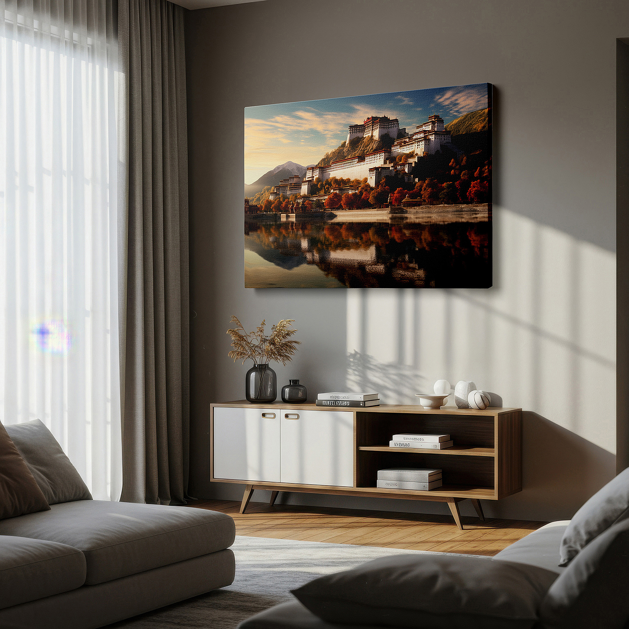 At 60×40 cm, this format fits effortlessly over dressers or benches — potala palace at dawn's first light: a tribute to tibet's spiritual essence - large wall art, canvas, home and office decor