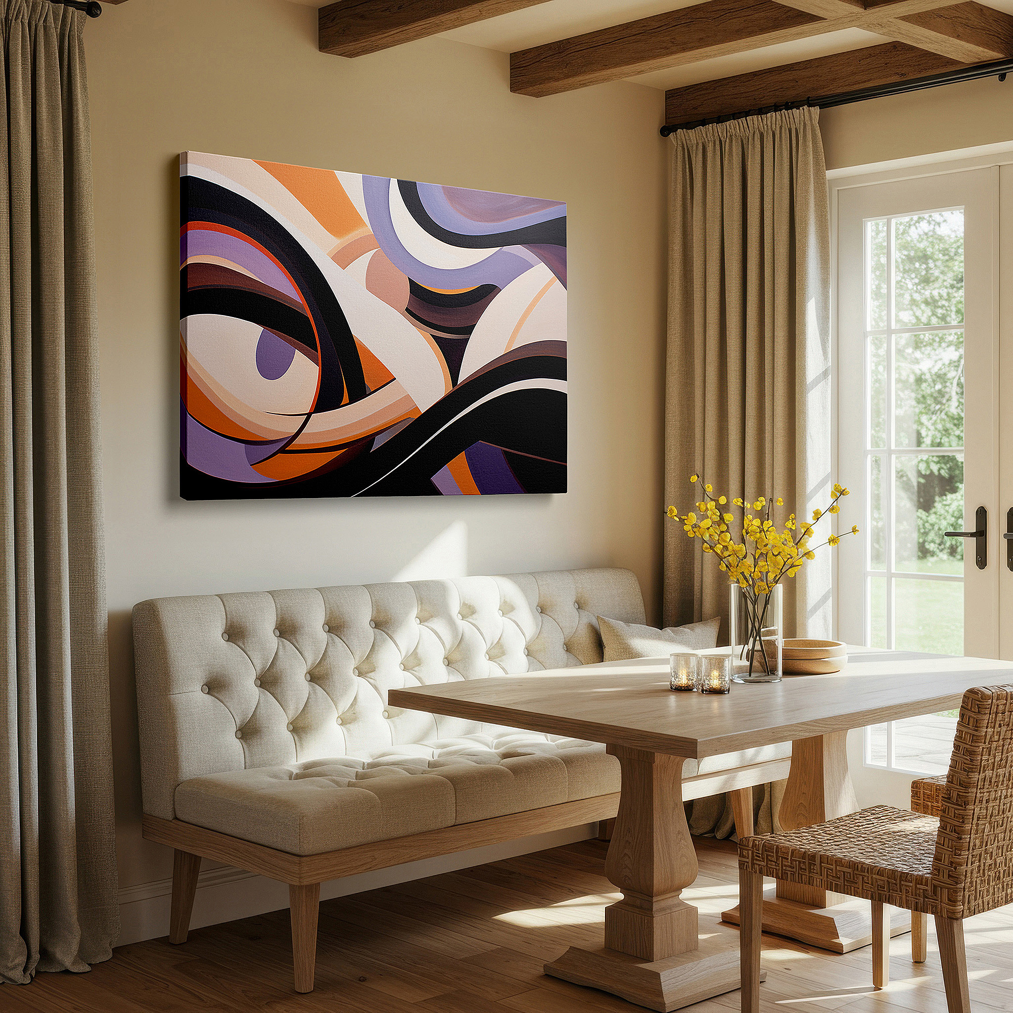 At 60×40 cm, this format fits effortlessly over dressers or benches — purple and orange harmonious waves, tranquil and vibrant large wall art, canvas wall decor for office and bedroom