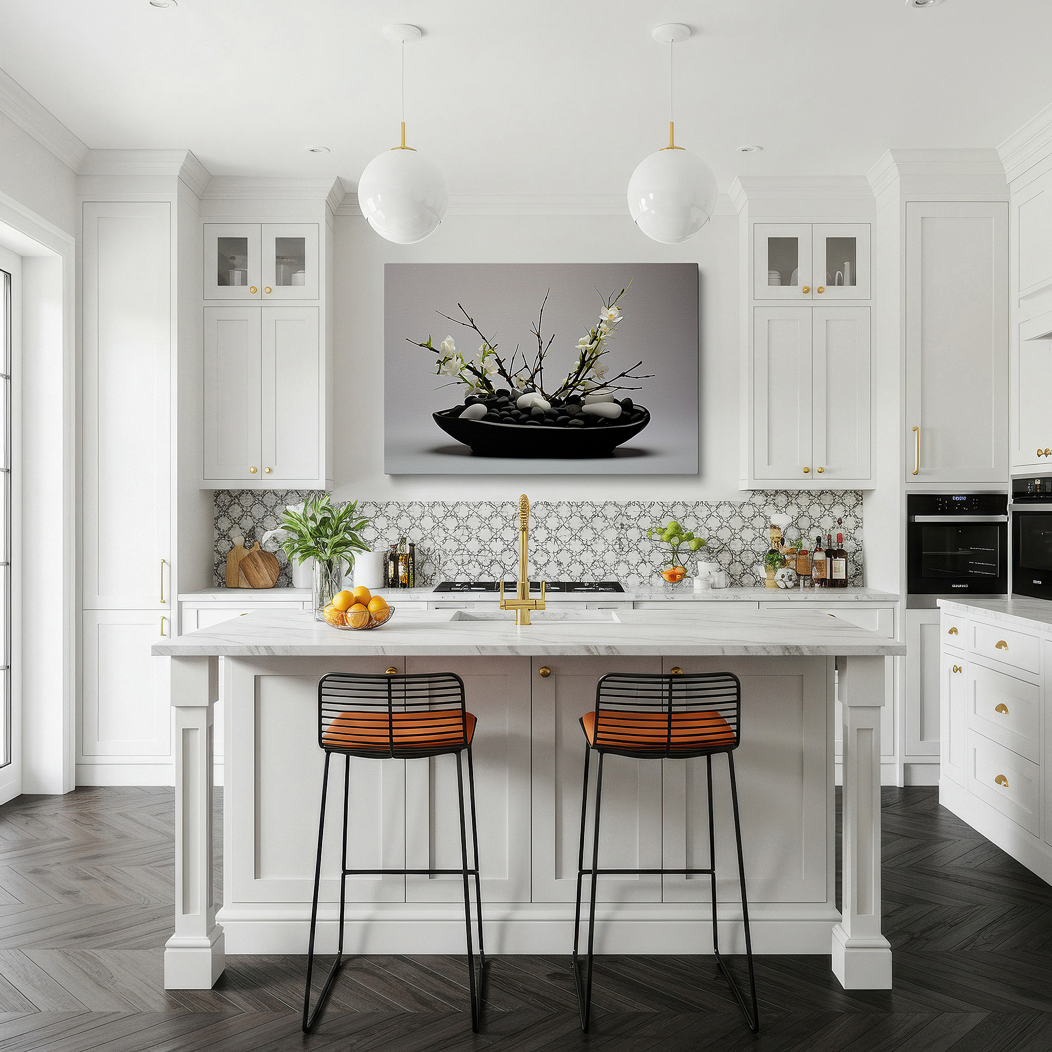 At 60×40 cm, this format fits effortlessly over dressers or benches — serene black stones and elegant white orchids - a symphony of natural beauty and peace large wall art, canvas wall art, wall decor, office art
