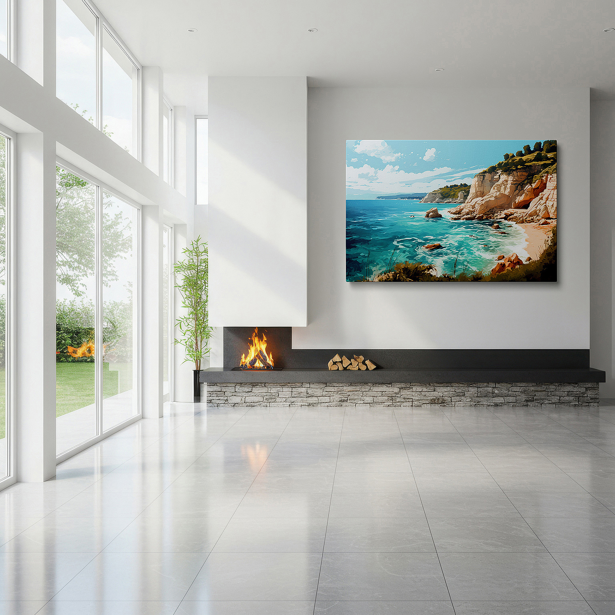 At 60×40 cm, this format fits effortlessly over dressers or benches — serene coastal scenery with blue waters and verdant foliage, oversized wall art, canvas print, home and office decor, bedroom wall art