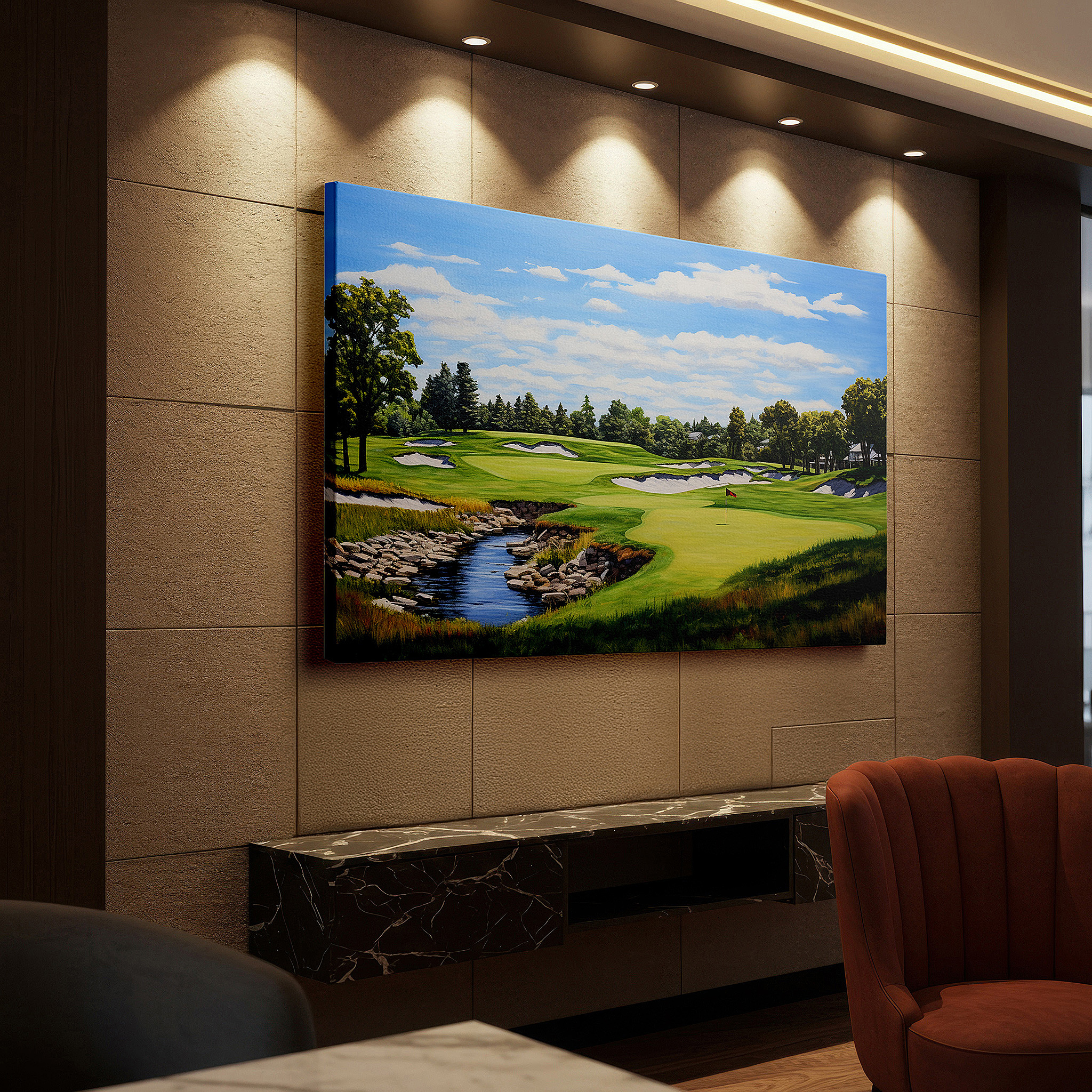 At 60×40 cm, this format fits effortlessly over dressers or benches — serene golf course oasis wall art featuring lush greens and calm blue skies, perfect for office, bedroom, and living room decor