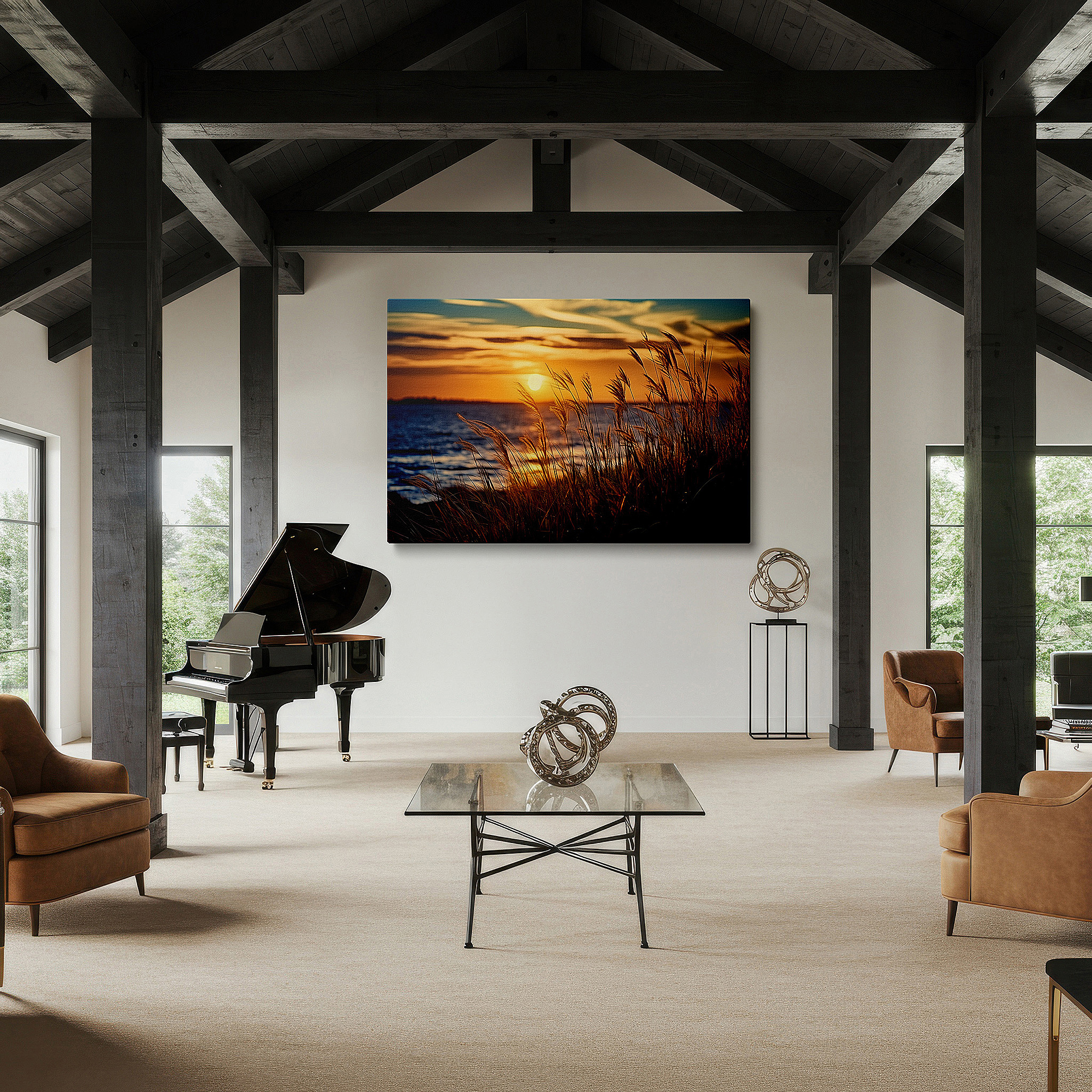 At 60×40 cm, this format fits effortlessly over dressers or benches — serene meadow at sunset: large canvas wall art featuring golden grass and reflective waters for office, bedroom, and living room decor