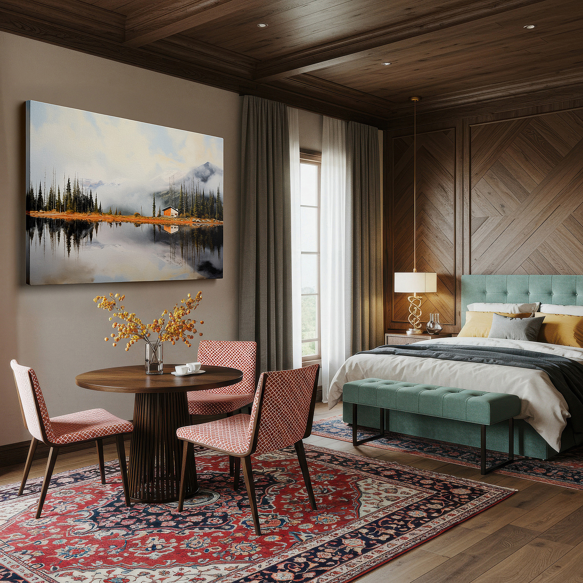 At 60×40 cm, this format fits effortlessly over dressers or benches — serene morning by the lake, surrounded by majestic pines and mist, large canvas wall art for home and office decor