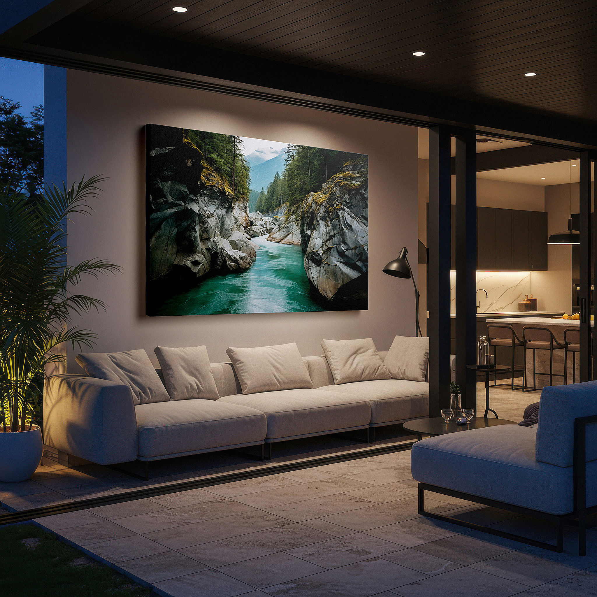 At 60×40 cm, this format fits effortlessly over dressers or benches — serene river streaming through grand rocks beneath mystical mountain fog - oversized canvas wall art for office and bedroom decor