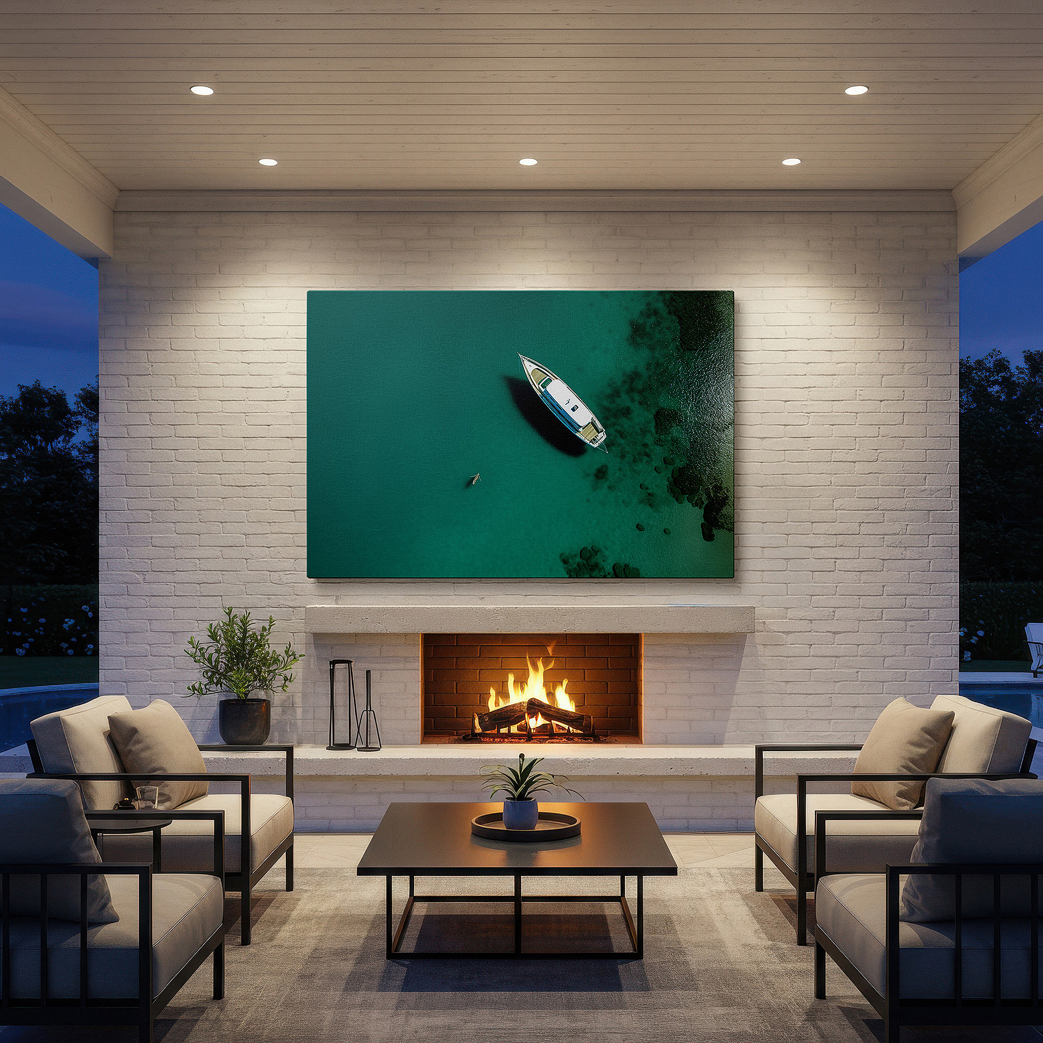 At 60×40 cm, this format fits effortlessly over dressers or benches — serene solitude: aerial view of a lone boat in a tropical cove - large wall art, canvas wall art, wall decor for office and bedroom