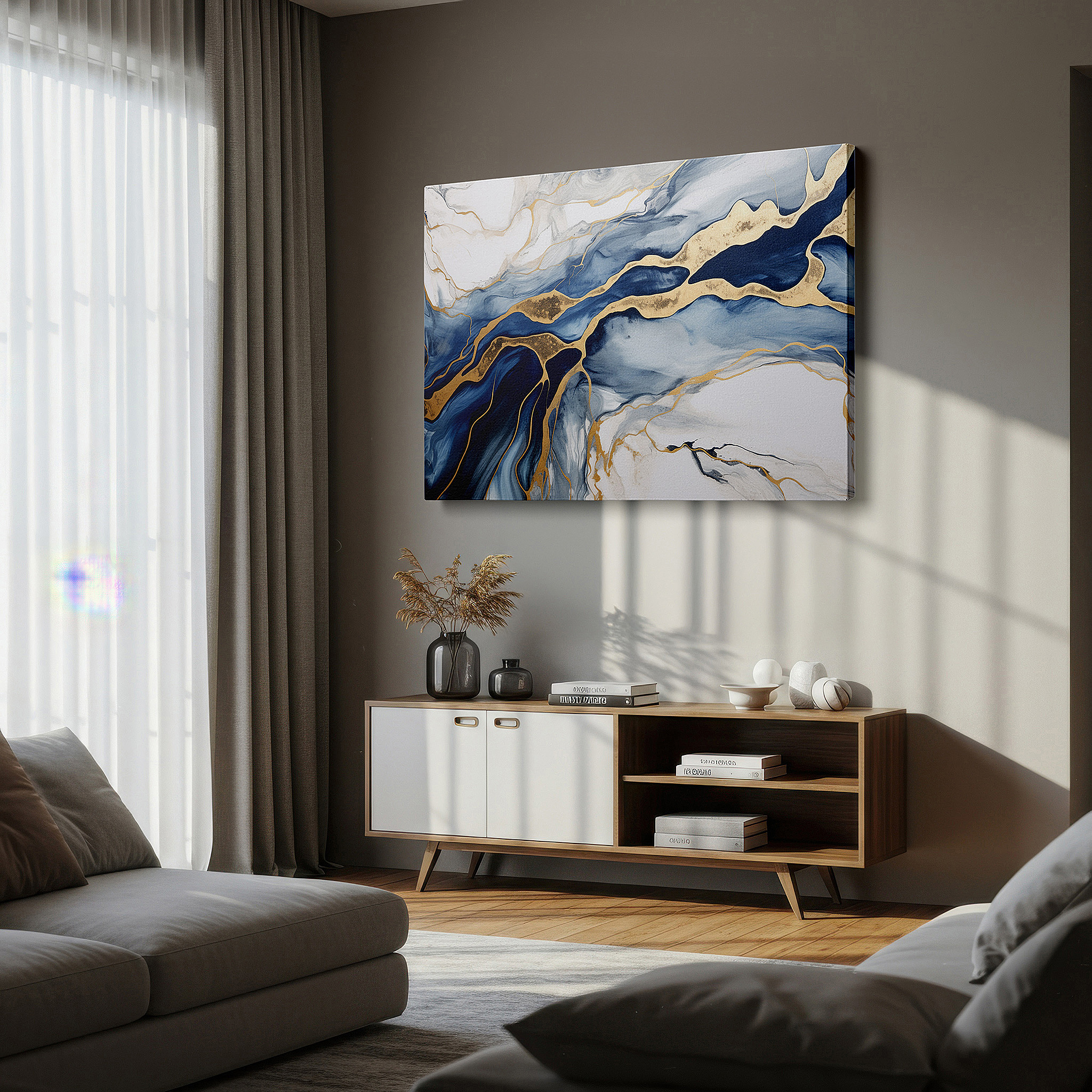 At 60×40 cm, this format fits effortlessly over dressers or benches — serene waters and radiant glow - elegant blue hues with glimmering highlights large wall art, canvas wall art, wall decor for office