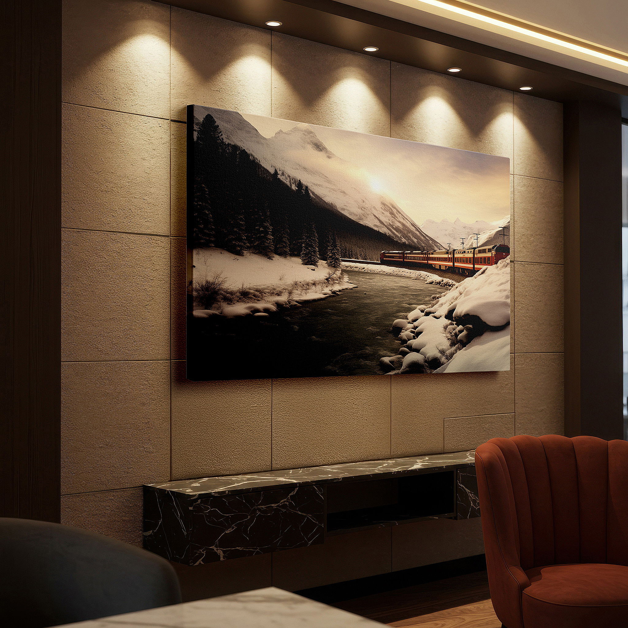 At 60×40 cm, this format fits effortlessly over dressers or benches — serene winter journey wall art featuring snow-capped mountains and evergreen-lined rivers, perfect for office or bedroom decor