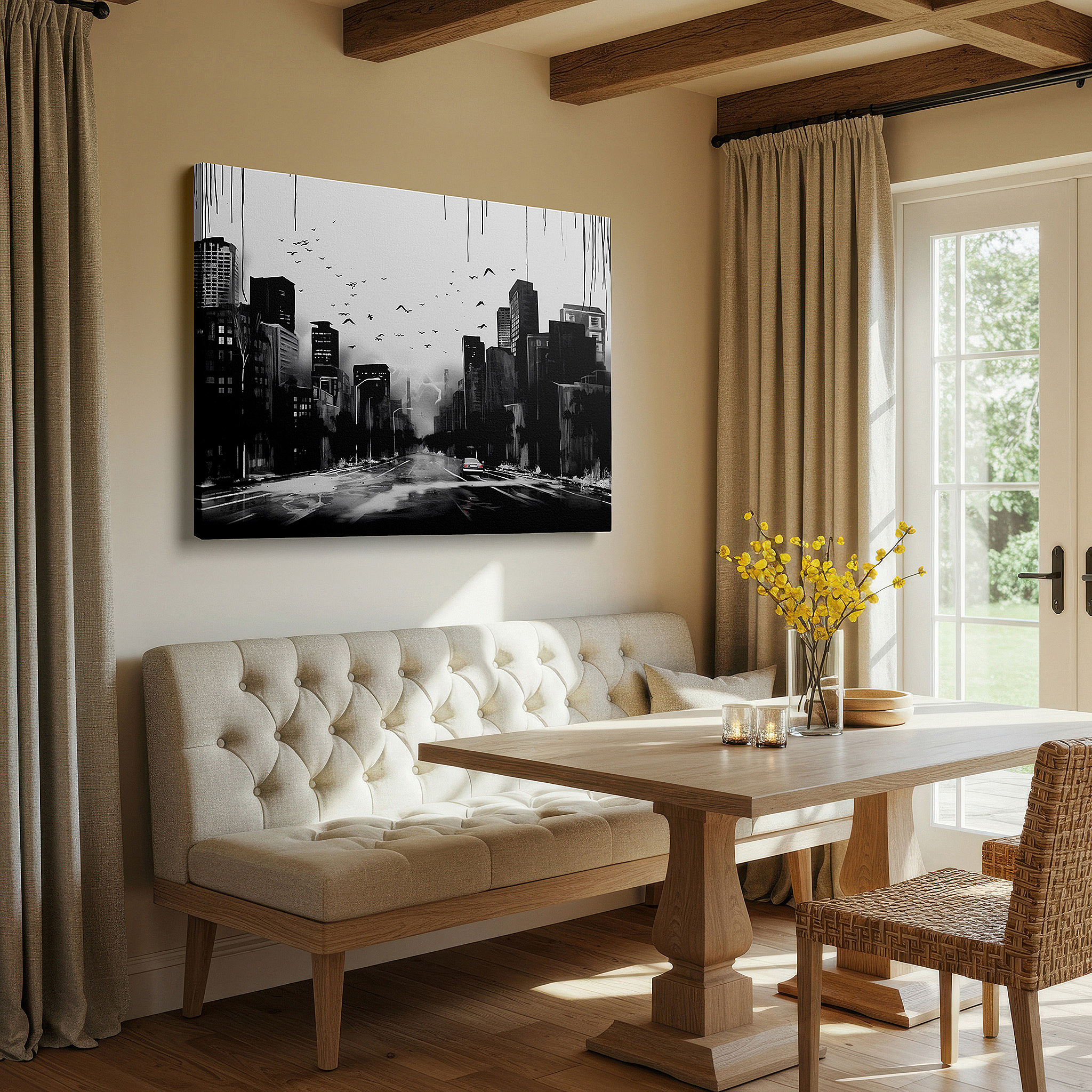 At 60×40 cm, this format fits effortlessly over dressers or benches — stark urban landscape in black and white: a timeless exploration of city life and isolation - large wall art, canvas wall art, wall decor