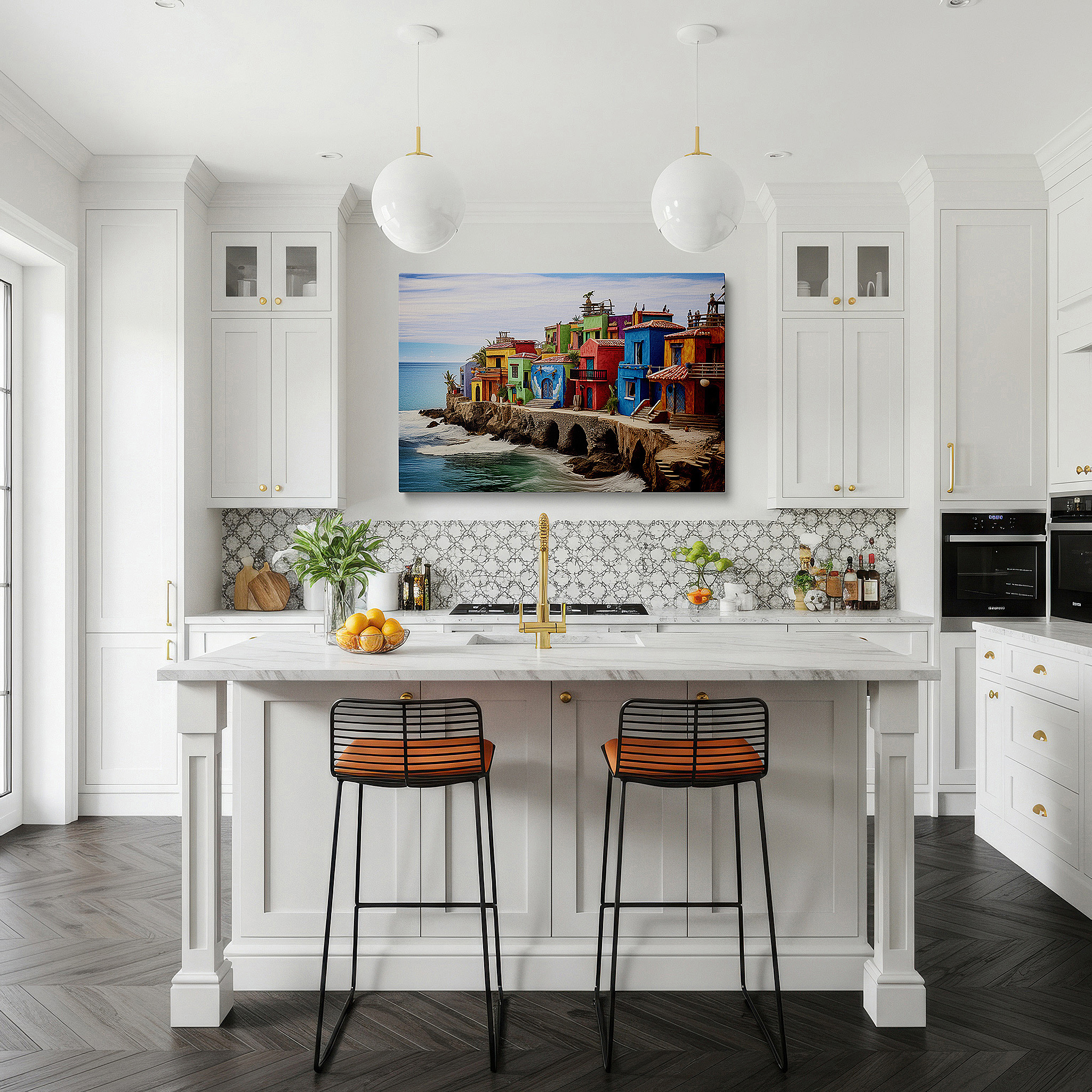 At 60×40 cm, this format fits effortlessly over dressers or benches — sunlit cliffside coastal village, escape to serene blue waters large wall art, canvas wall art, wall decor for office and bedroom