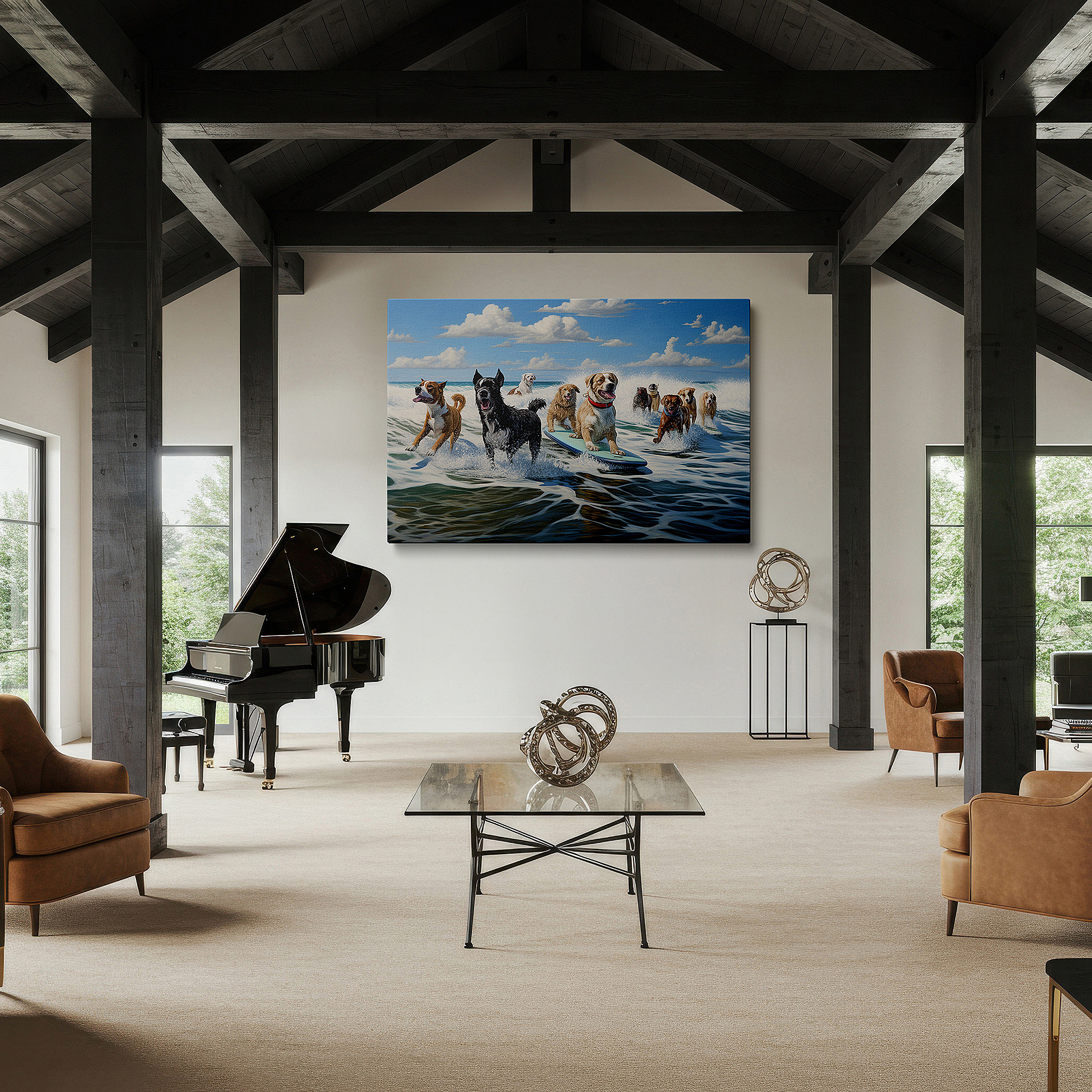 At 60×40 cm, this format fits effortlessly over dressers or benches — surf's pup - delighted dogs surfing under a golden sun large wall art, canvas wall art, decorative wall art for offices, bedrooms, and living rooms