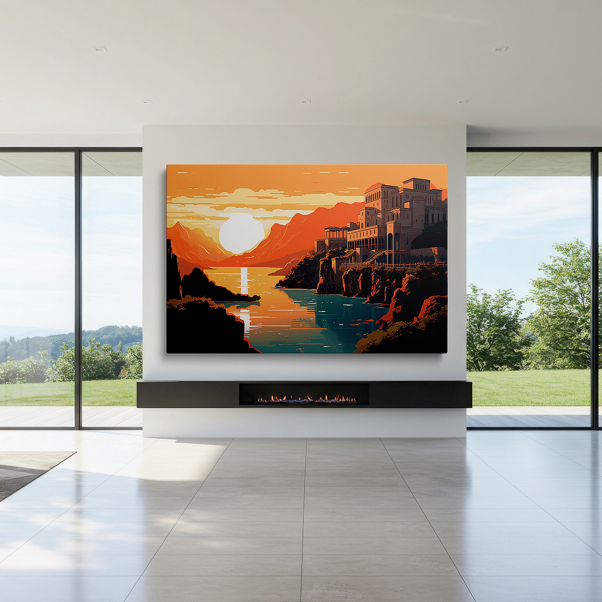 At 60×40 cm, this format fits effortlessly over dressers or benches — timeless harmony of historical architecture and sunset glow: large canvas wall art for office, bedroom, and living room decor