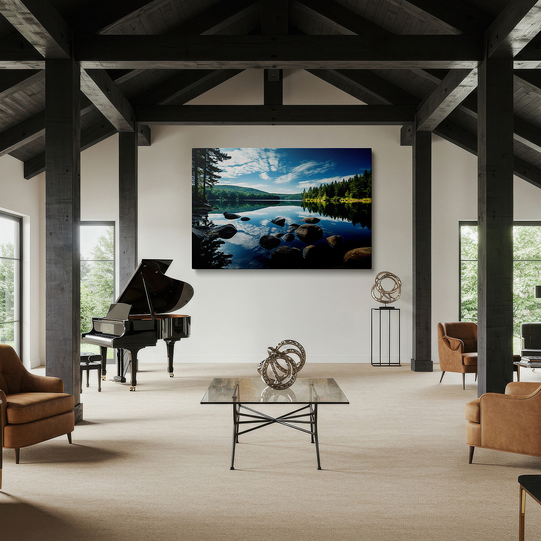 At 60×40 cm, this format fits effortlessly over dressers or benches — tranquil lake reflections with lush greenery and smooth dark rocks large wall art, canvas wall art, wall decor for office and bedroom