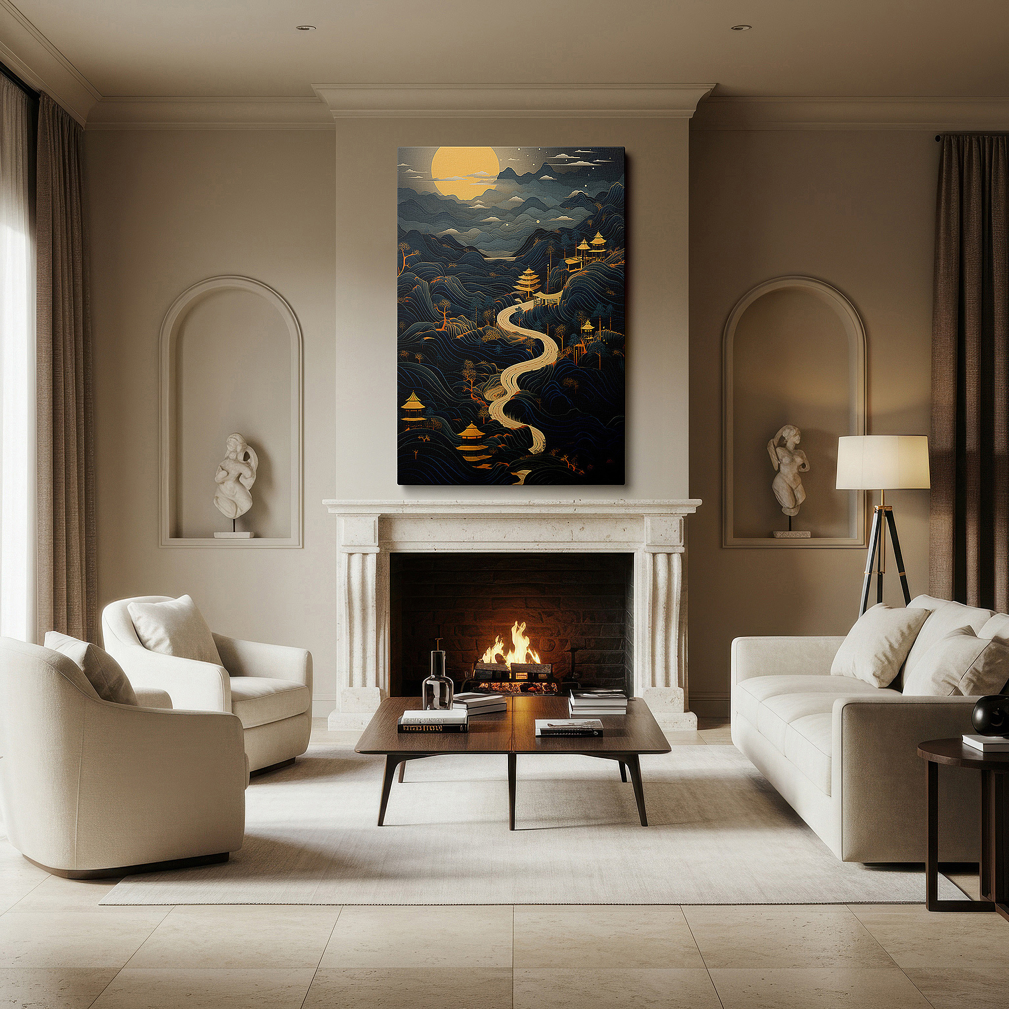 At 60×40 cm, this format fits effortlessly over dressers or benches — tranquil mountain landscape featuring classic pagodas beneath a full moon's soft light - large canvas wall art for home and office decor
