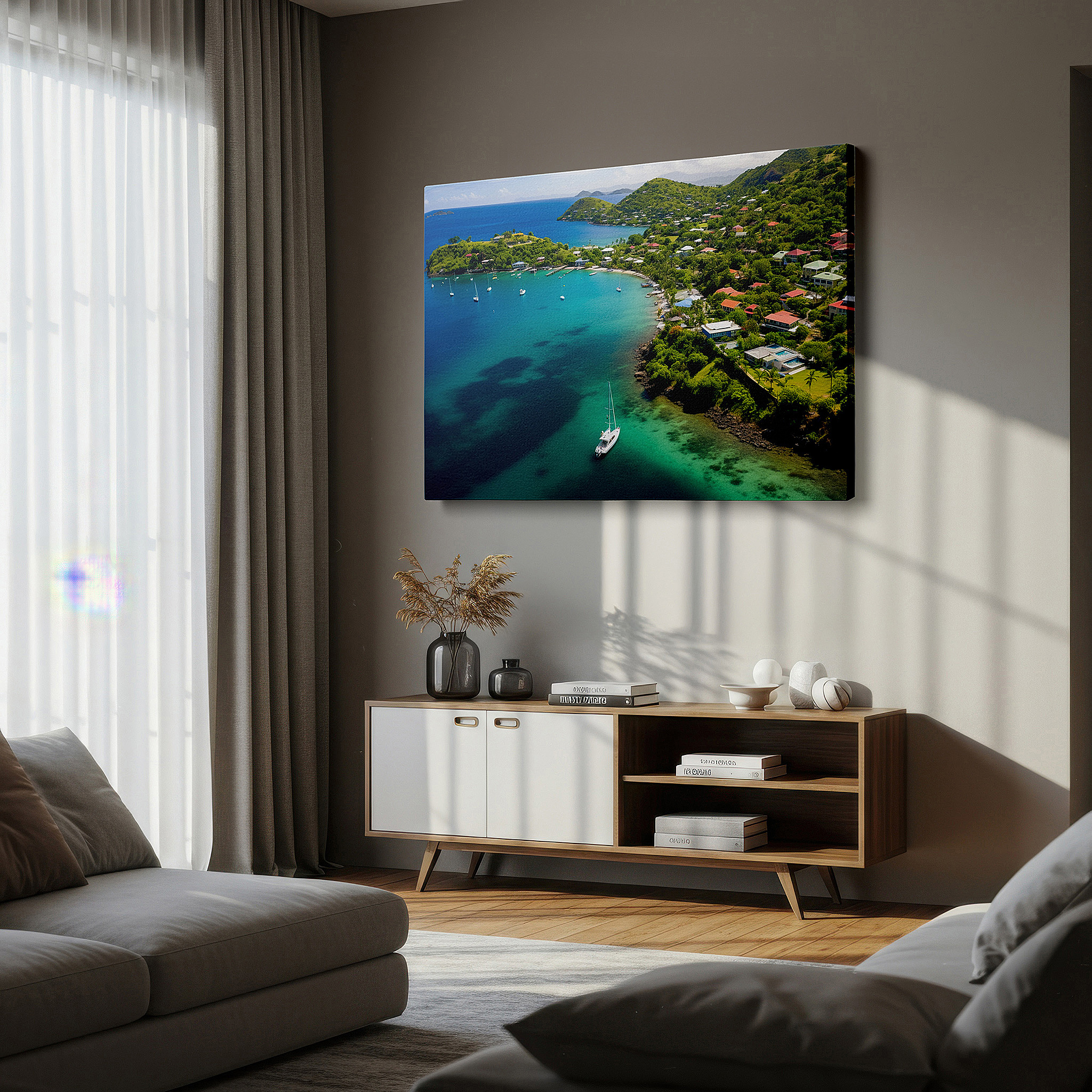 At 60×40 cm, this format fits effortlessly over dressers or benches — tropical coastline aerial view canvas wall art featuring azure waters and lush greenery for office and bedroom decor