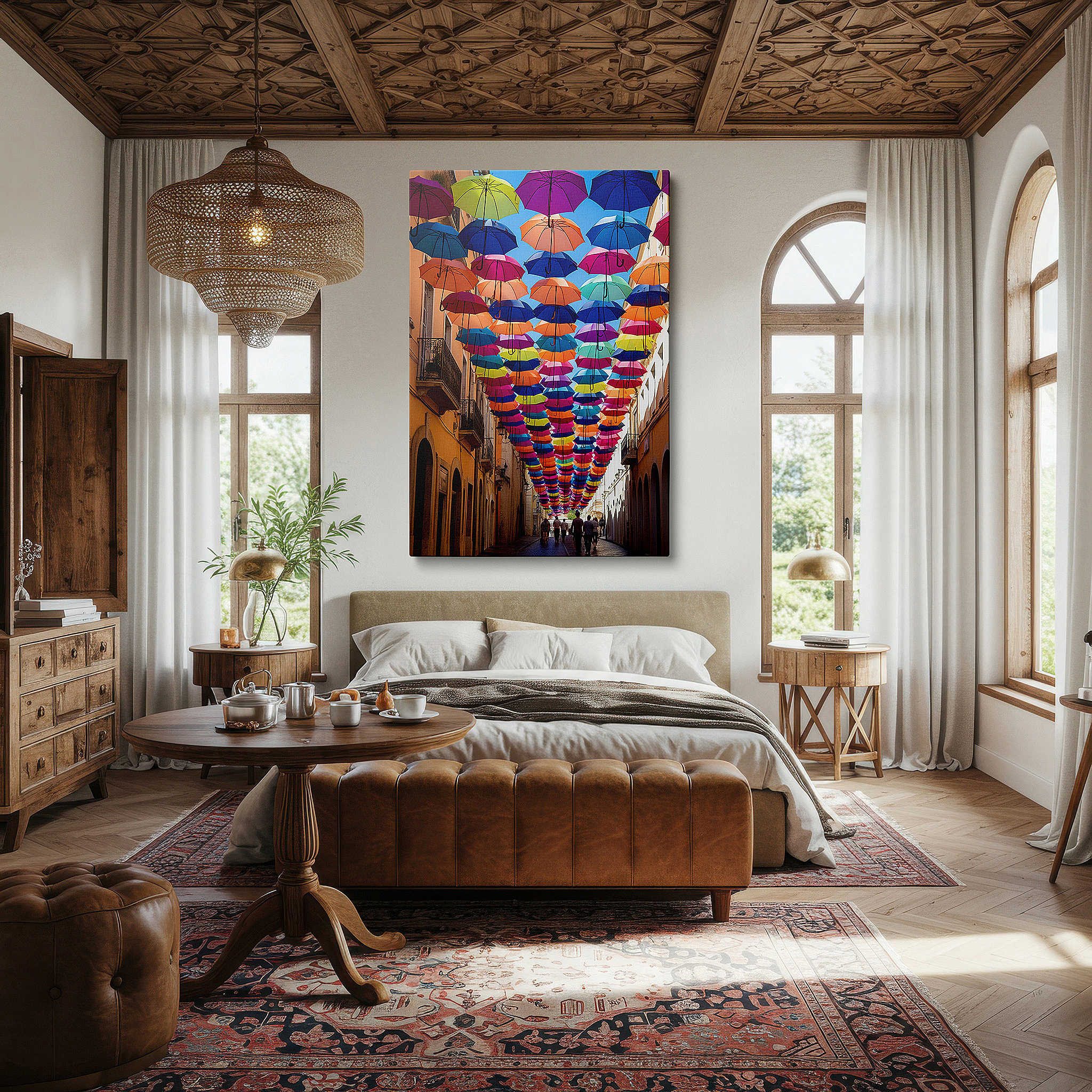 At 60×40 cm, this format fits effortlessly over dressers or benches — urban enchantment: vibrant umbrella canopy over cobblestone street - large canvas wall art for home and office decor