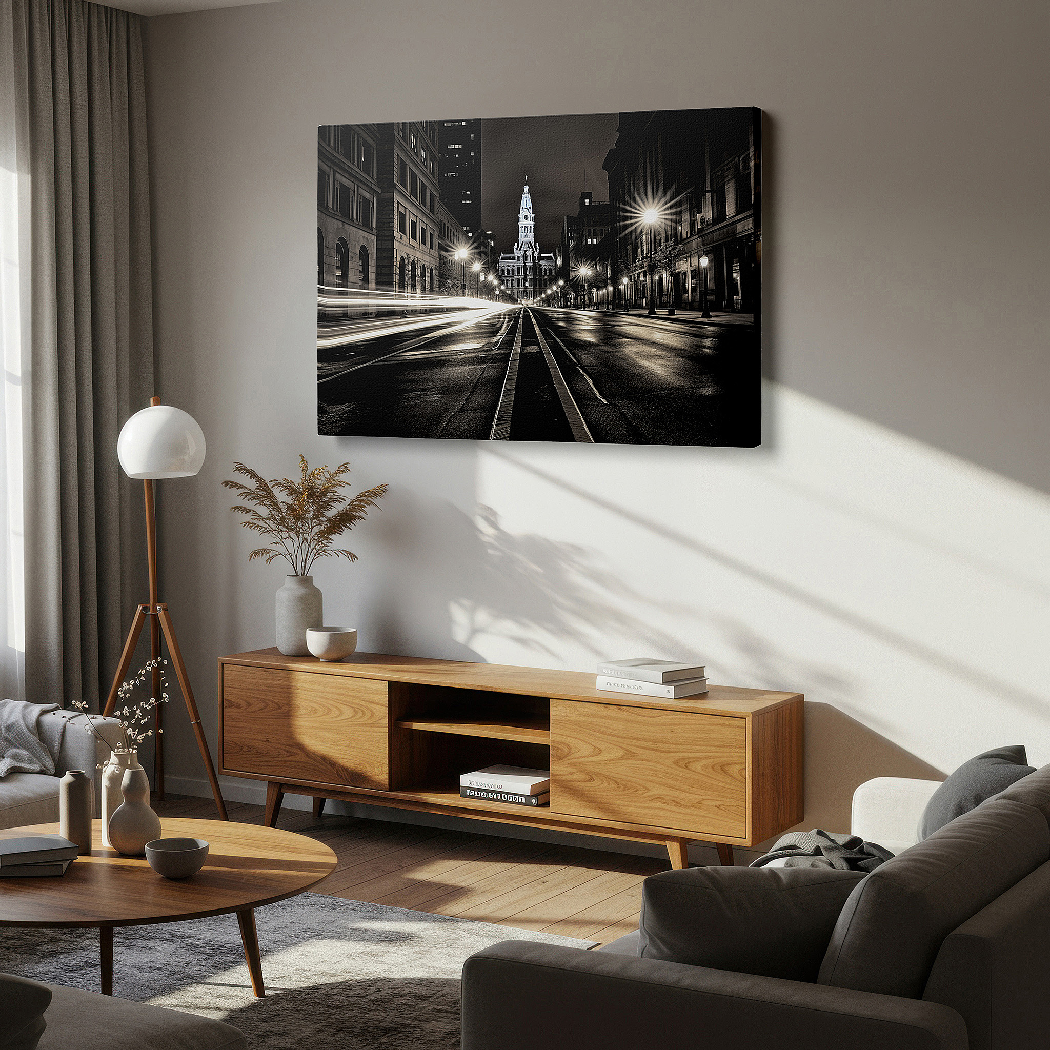At 60×40 cm, this format fits effortlessly over dressers or benches — urban nightscape wall art: symphony of light and shadow - large canvas for home and office decor, perfect for living rooms and bedrooms