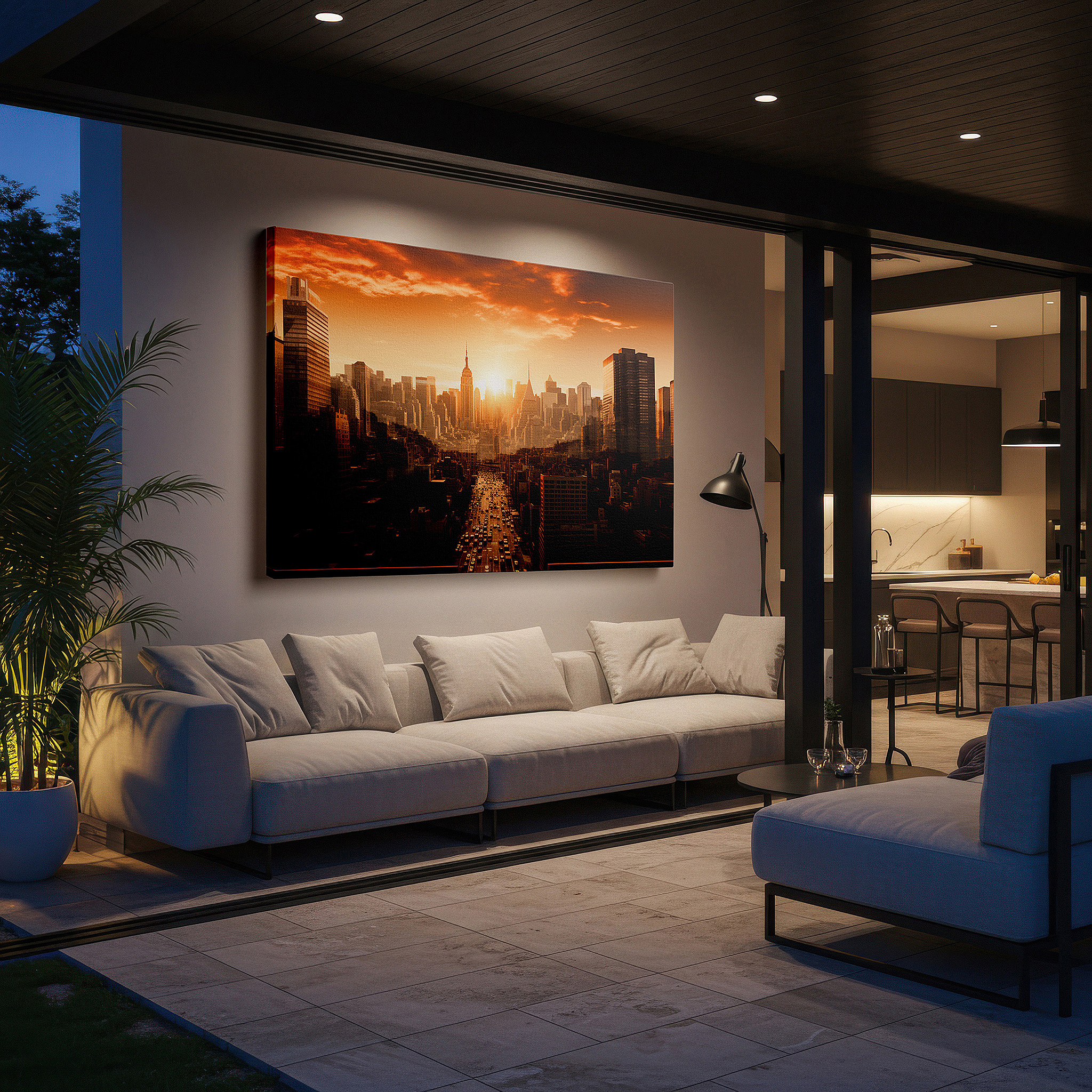 At 60×40 cm, this format fits effortlessly over dressers or benches — urban sunset cityscape: vibrant metropolis at dusk - large canvas wall art for office, bedroom, and living room decor