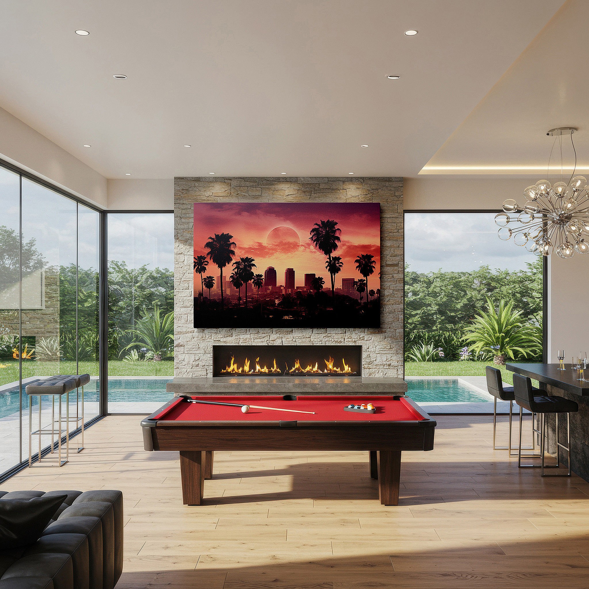 At 60×40 cm, this format fits effortlessly over dressers or benches — urban and tropical sunset skyline - serene fusion of city and nature large wall art, canvas decor for office and bedroom