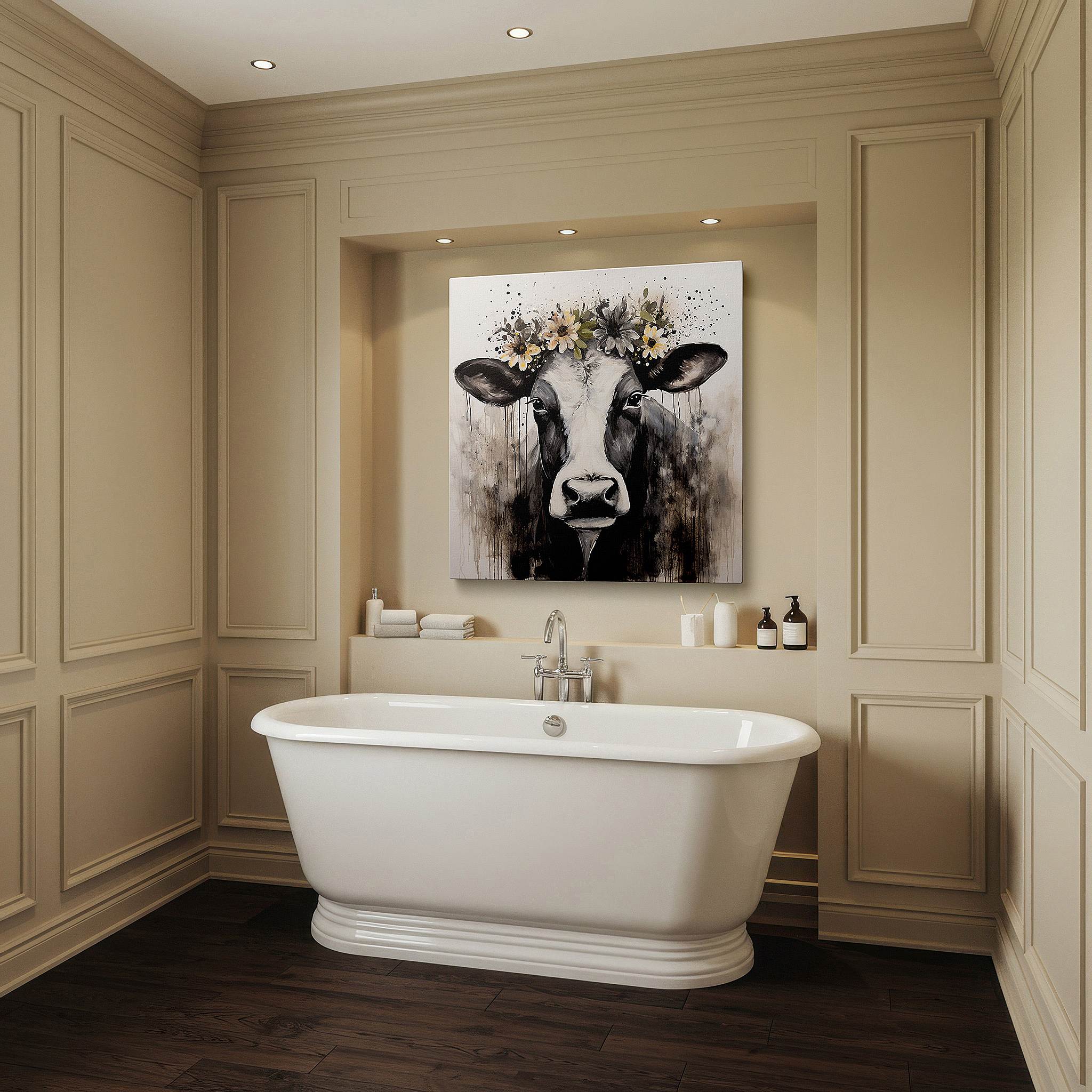 At 60×40 cm, this format fits effortlessly over dressers or benches — wall art: black and white cow with floral crown - a serene and playful masterpiece for large spaces, canvas wall art for office and bedroom decor