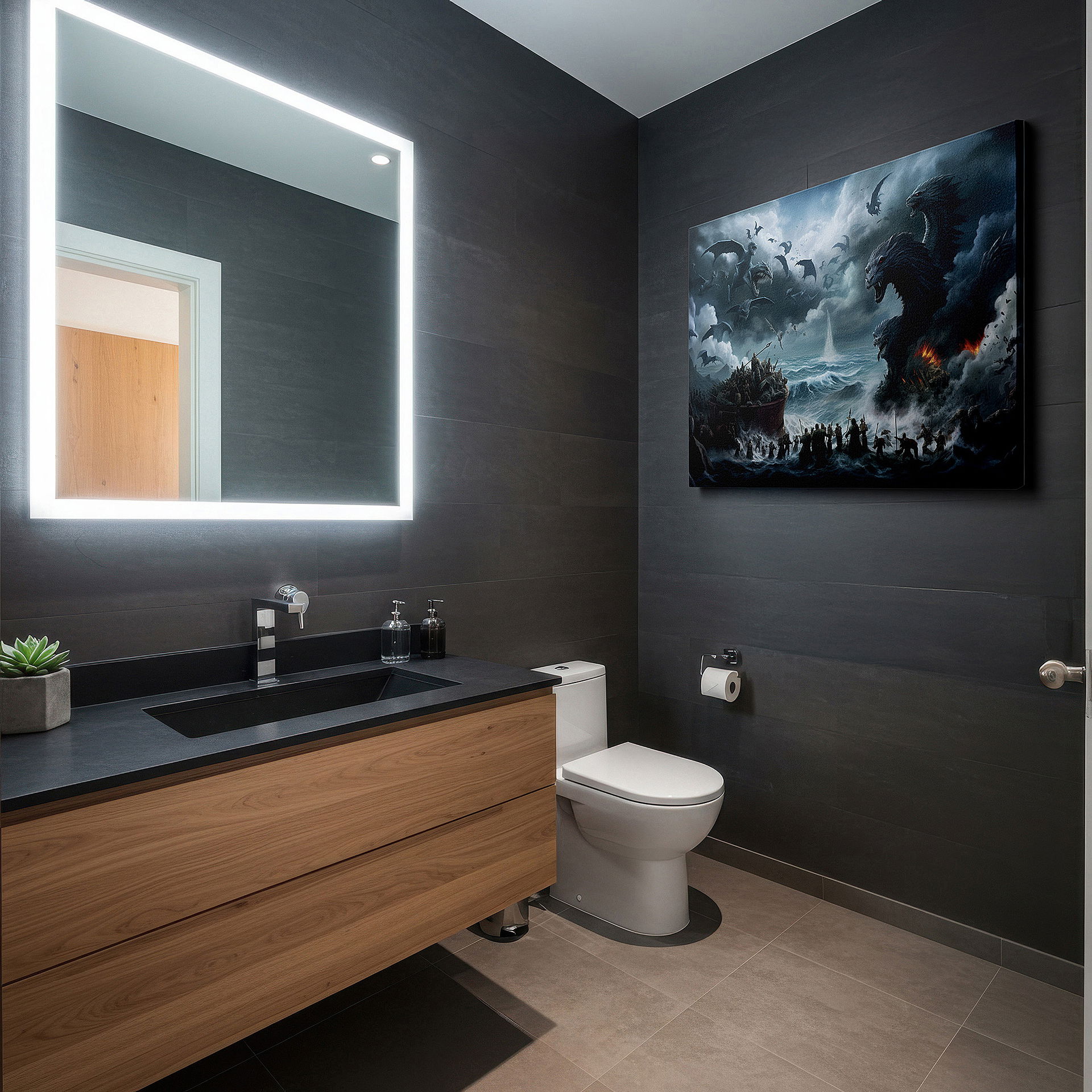 At 60×40 cm, this format fits effortlessly over dressers or benches — wall art: dramatic stormy seascape featuring mythical