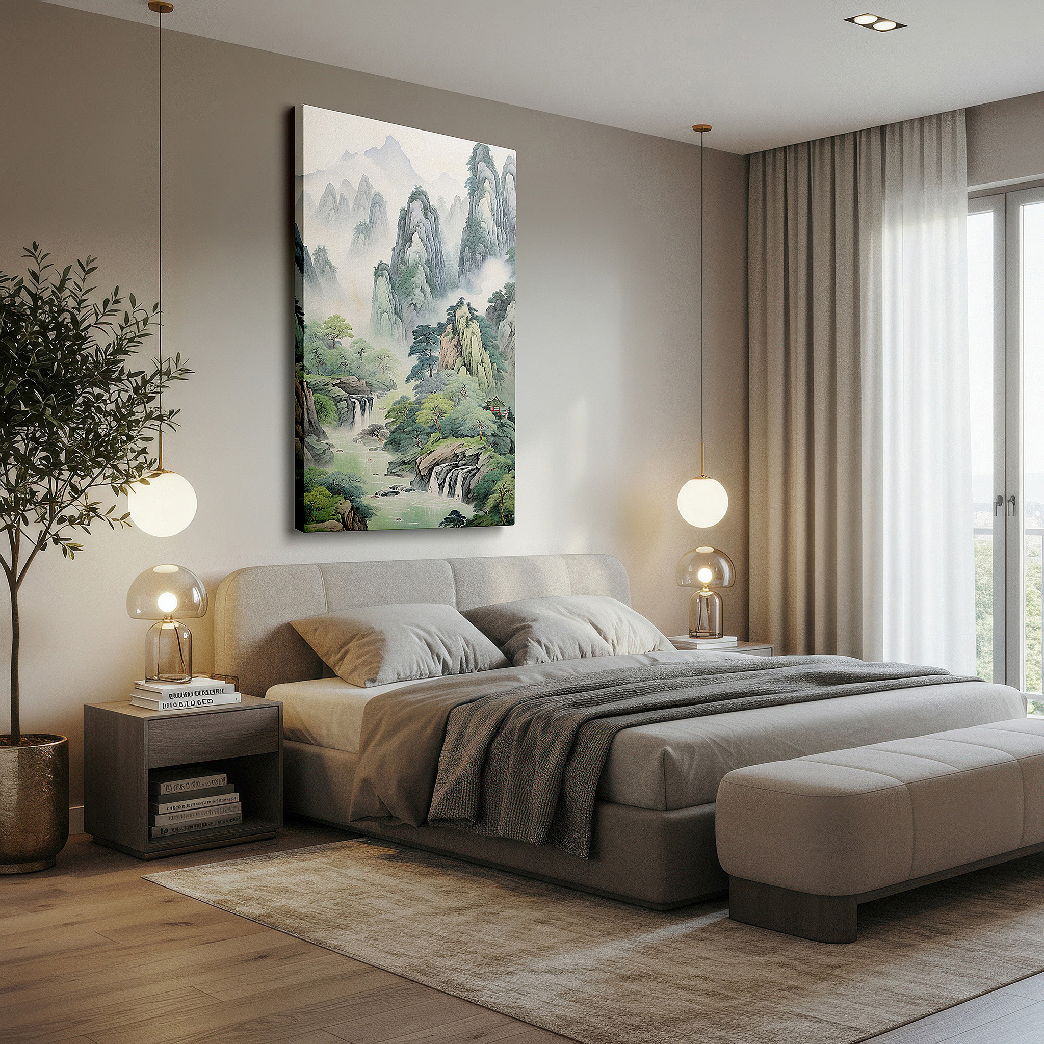 At 60×40 cm, this format fits effortlessly over dressers or benches — wall art: enchanting valley scene with foggy mountains, lush greenery, and waterfalls - large canvas art for home and office decor, perfect for living room and bedroom