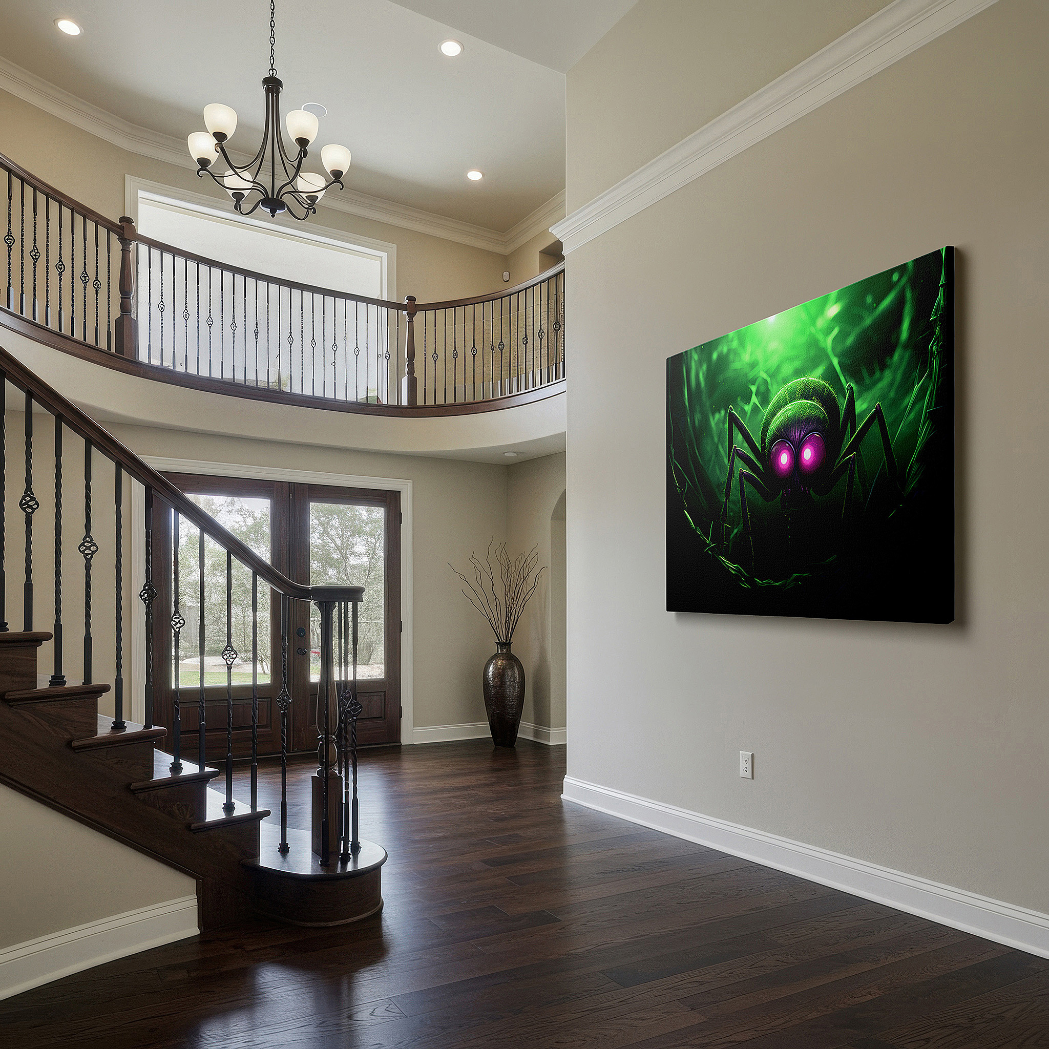 At 60×40 cm, this format fits effortlessly over dressers or benches — wall art: large hyper-realistic menacing spider with glowing eyes and shadowy ambiance - canvas wall art for office and bedroom decor