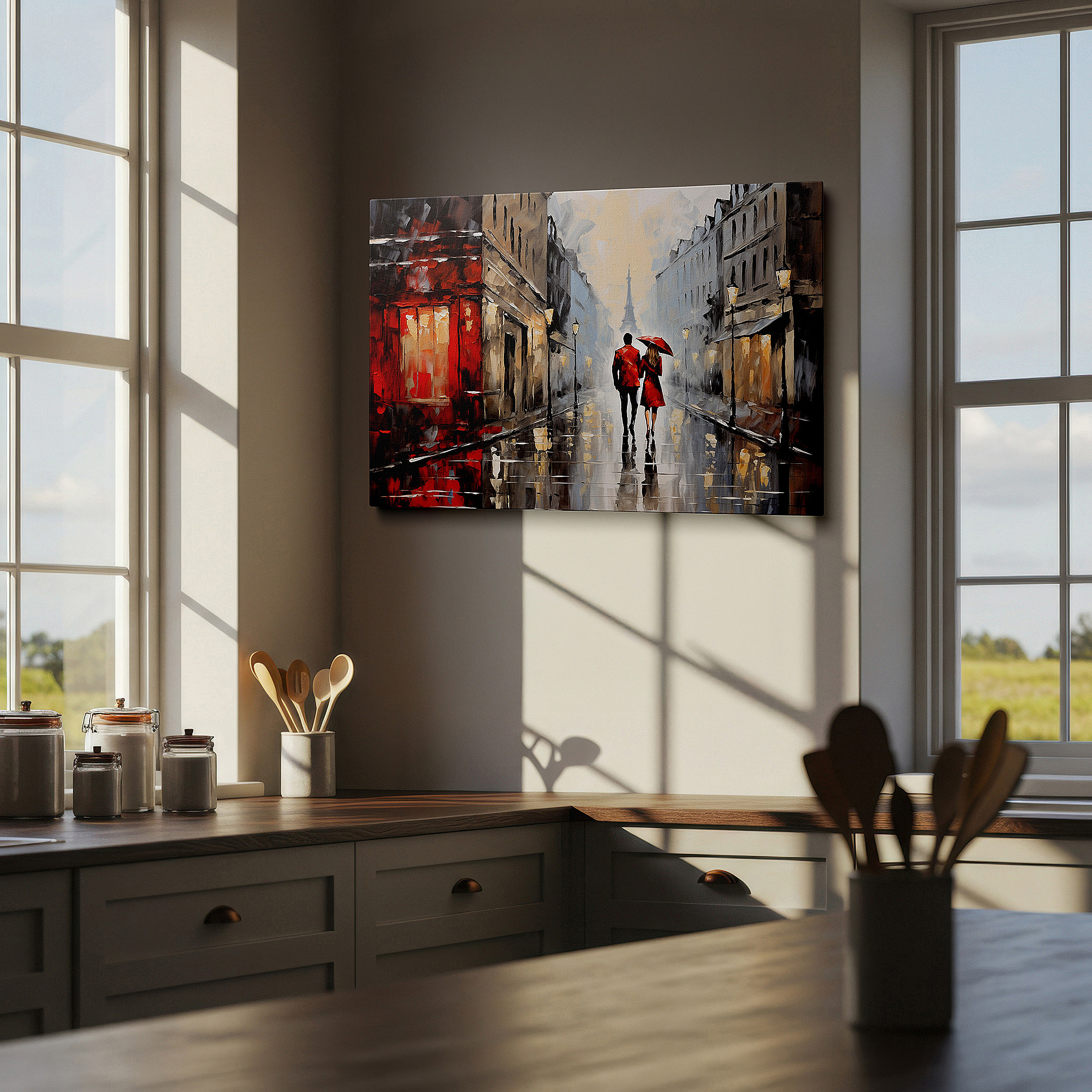 At 60×40 cm, this format fits effortlessly over dressers or benches — wall art: romantic parisian encounter beneath a red umbrella, a rain-drenched journey through love on cobblestones, large canvas wall art decor.