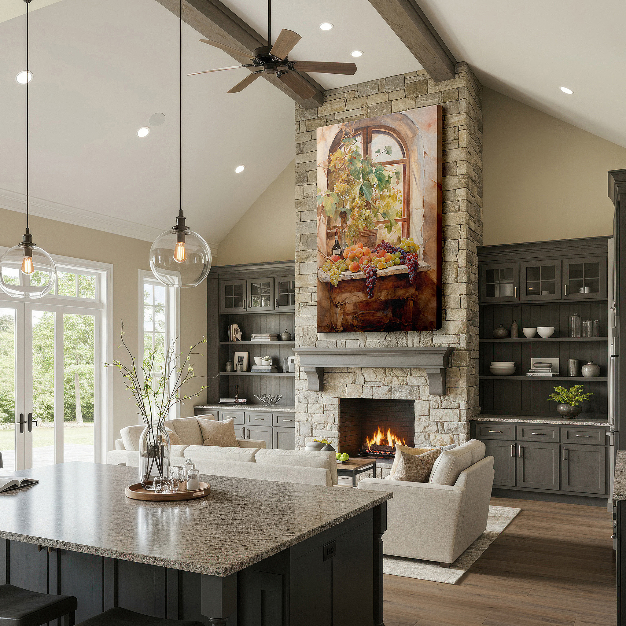 At 60×40 cm, this format fits effortlessly over dressers or benches — wall art: serene scene with grapes, peaches, and wine by a rustic window - large canvas wall art for office and bedroom decor