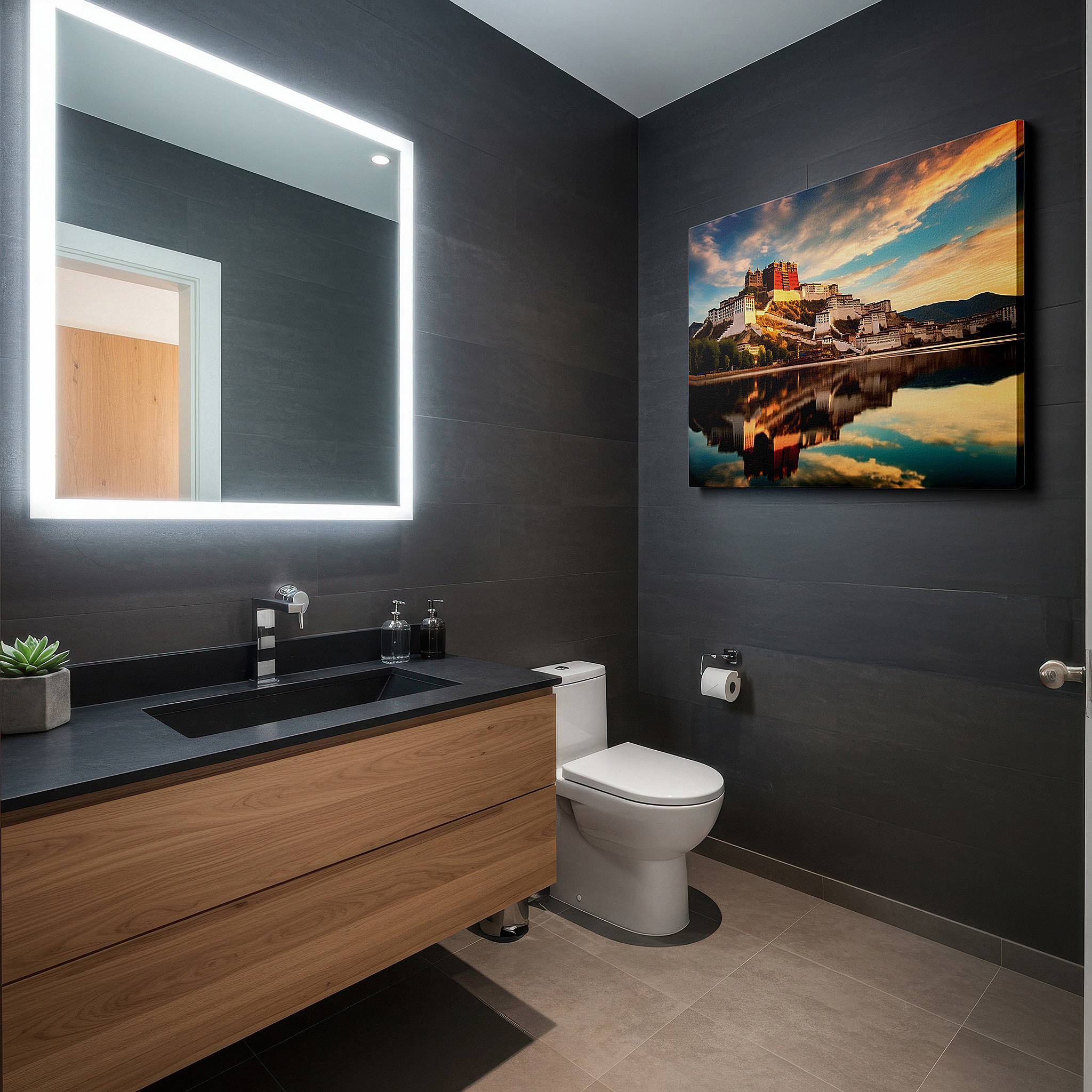 At 60×40 cm, this format fits effortlessly over dressers or benches — wall art: serene sunset at potala palace over lhasa waters - large canvas for home and office decor, perfect for living room and bedroom
