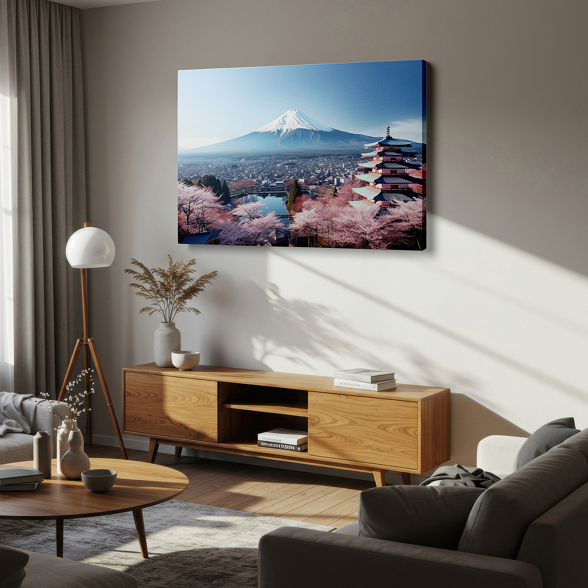 At 60×40 cm, this format fits effortlessly over dressers or benches — wall art: tranquil japanese spring scene featuring sakura in full bloom, mount fuji, and traditional pagoda - large canvas wall art for office decor