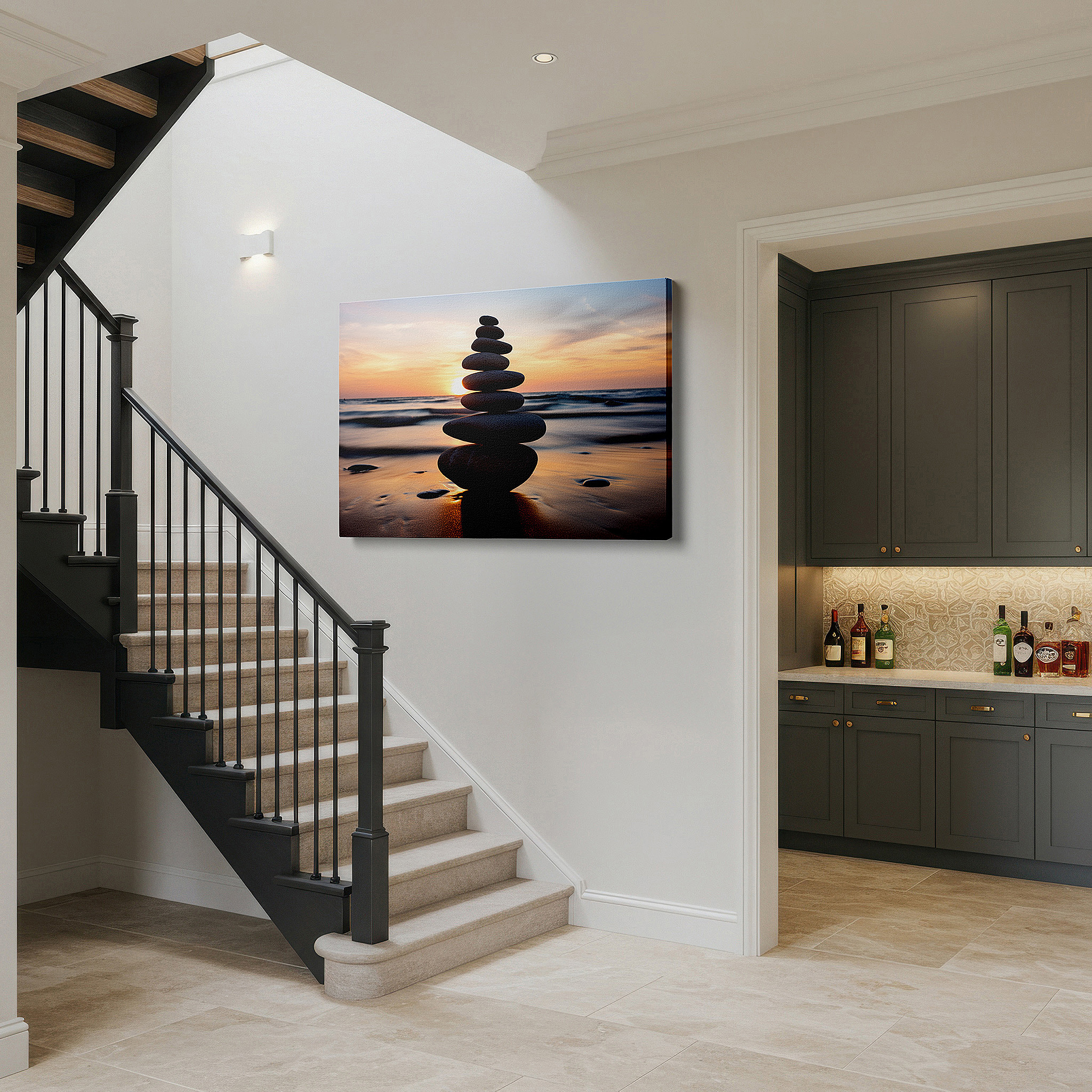 At 60×40 cm, this format fits effortlessly over dressers or benches — wall art: tranquil oasis featuring pebbles silhouetted against a fiery sunset, representing balance and serenity - large canvas wall art for home and office decor