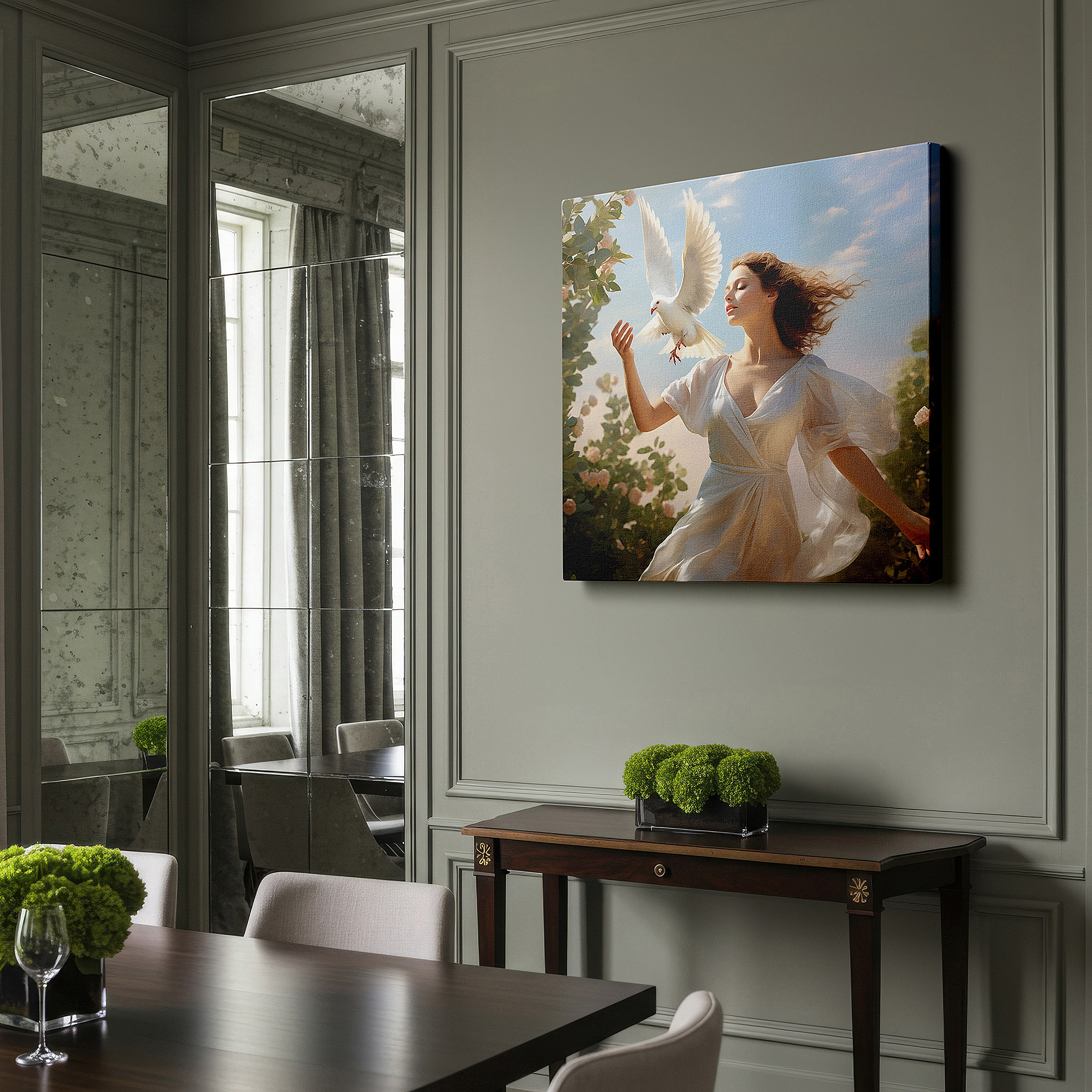 At 60×40 cm, this format fits effortlessly over dressers or benches — wall art: tranquil scene of a woman in a white dress holding a dove, representing peace and freedom - large canvas wall art for home and office decor