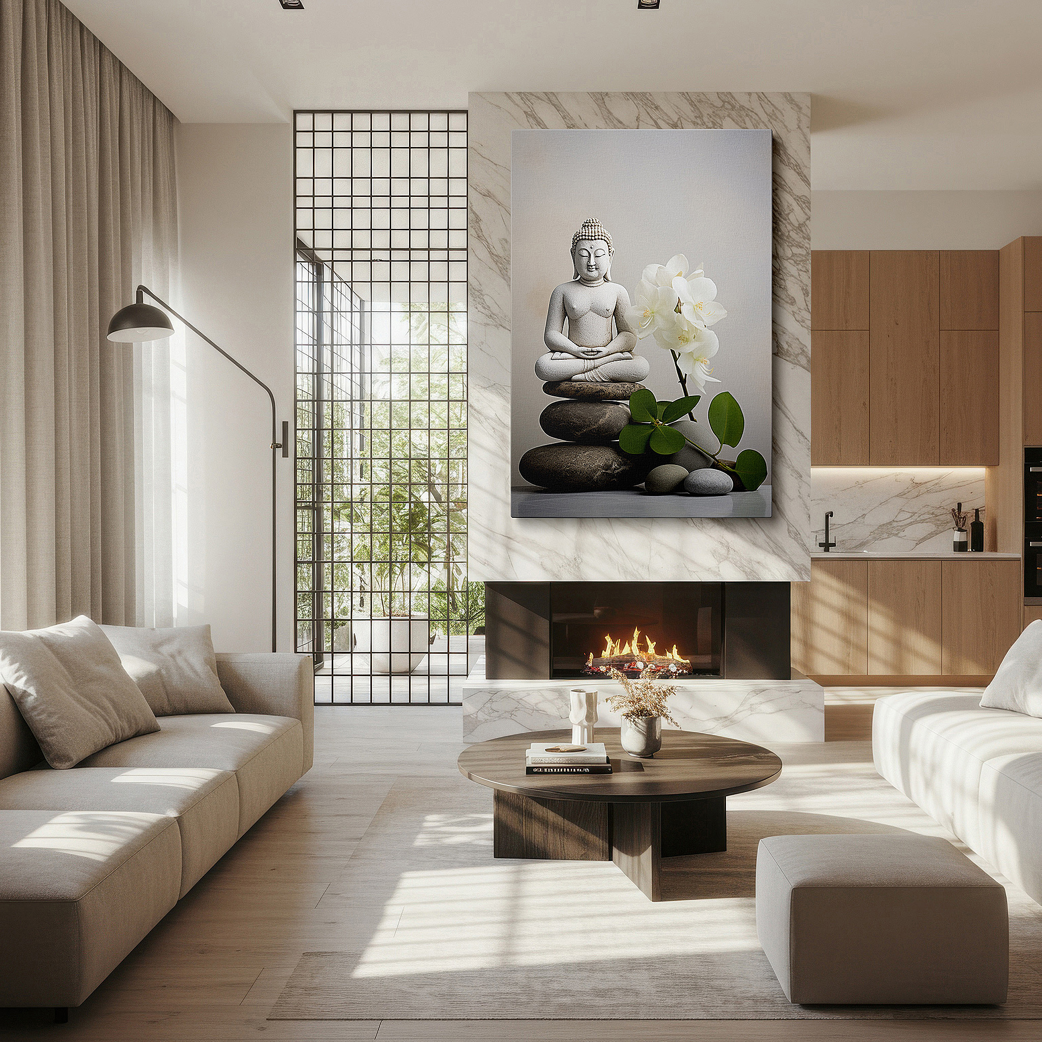 At 60×40 cm, this format fits effortlessly over dressers or benches — wall decor: eternal serenity - large canvas featuring a buddha statue, orchids, and pebbles, symbolizing calm and enlightenment