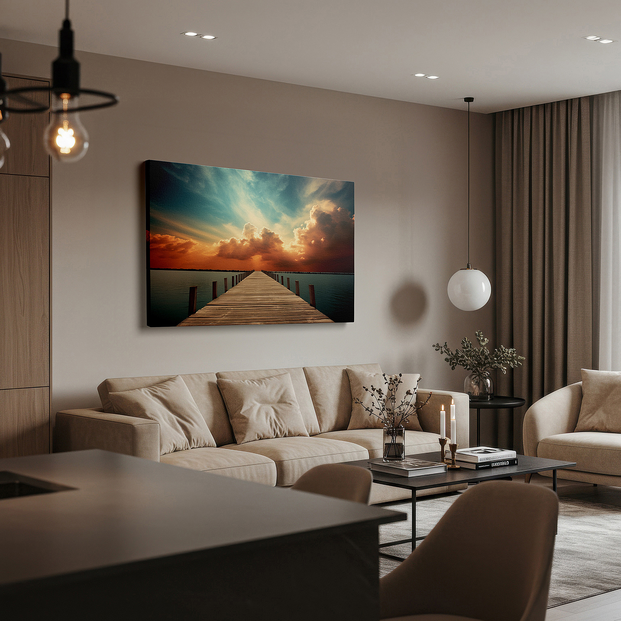 At 60×40 cm, this format fits effortlessly over dressers or benches — wall decor: explore tranquility with a rustic pier and vivid sunset reflections - large canvas art for home and office