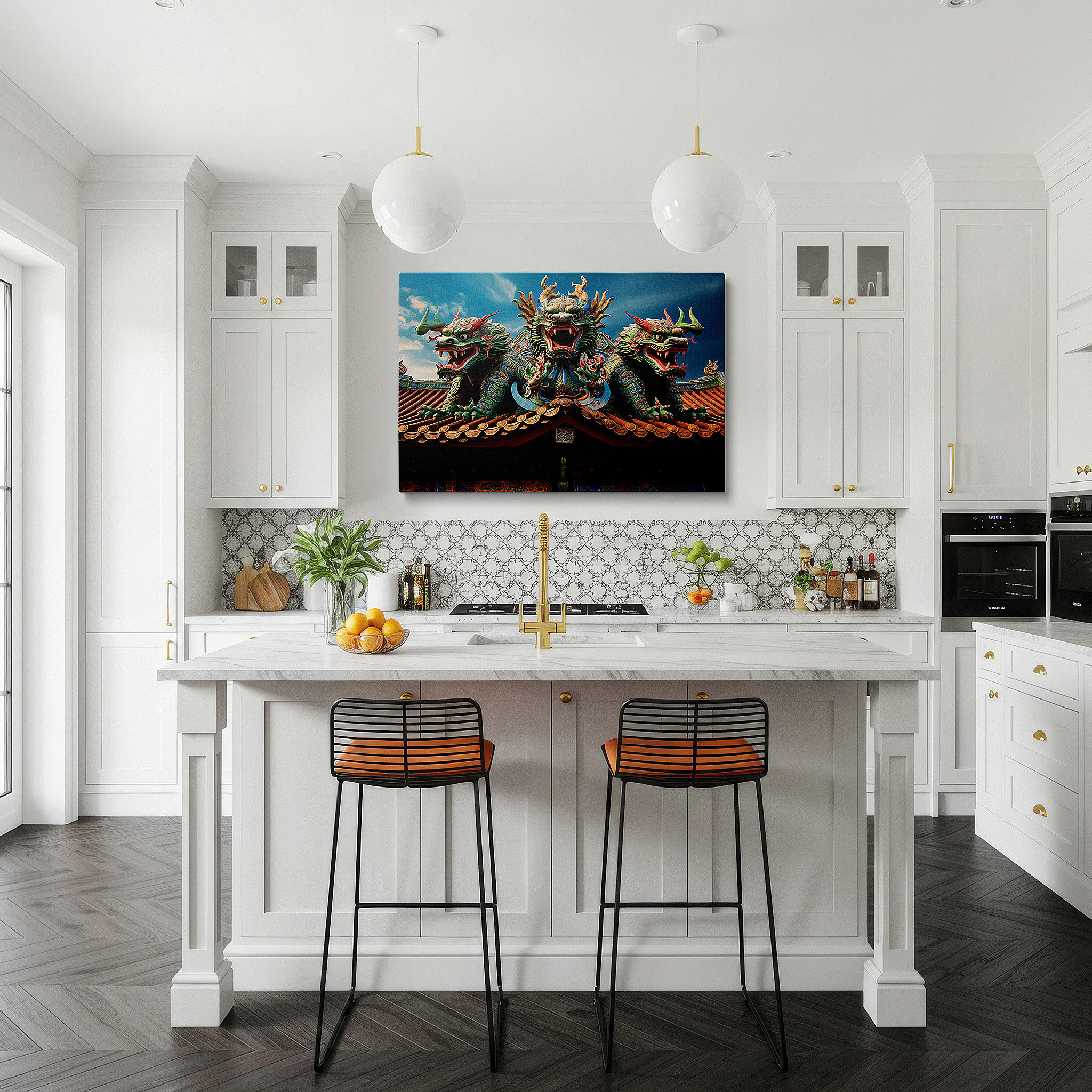 At 60×40 cm, this format fits effortlessly over dressers or benches — wall decor: majestic dragons overseeing the temple roof, a fusion of artistic expression and timeless wisdom - large canvas art for office walls