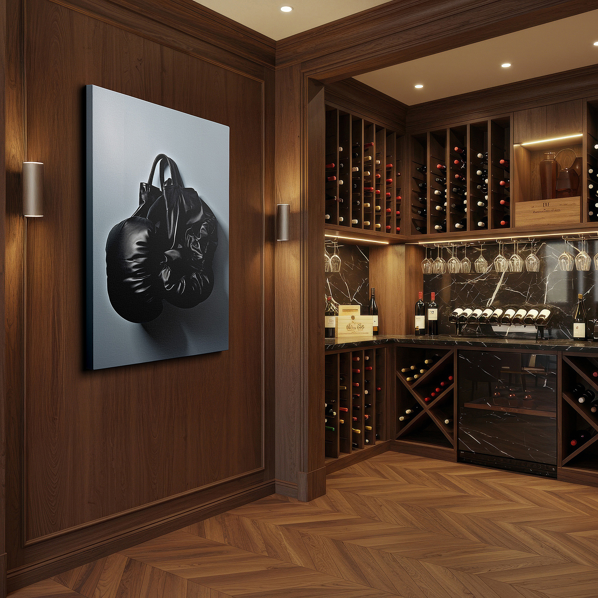 At 60×40 cm, this format fits effortlessly over dressers or benches — wall decor: stylish black leather bag transformed into boxing gloves - a blend of fashion and artistry. ideal for living room, office, or bedroom.