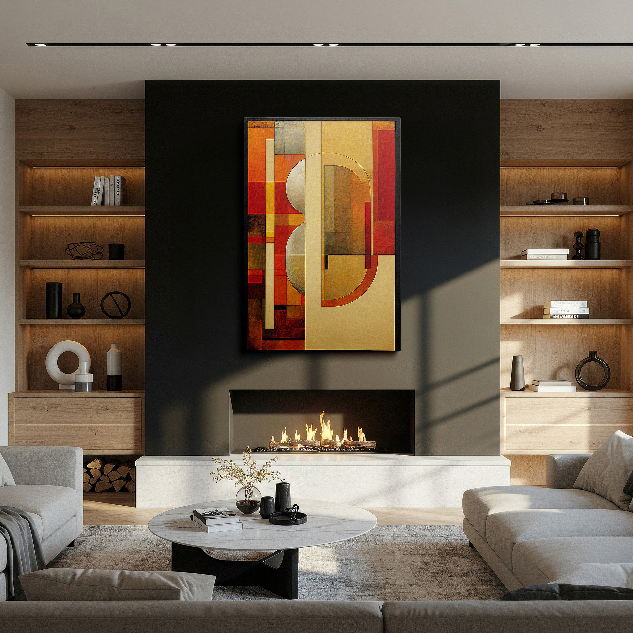 At 60×40 cm, this format fits effortlessly over dressers or benches — warm earthy tones in geometric harmony: a soothing mix of structure and spontaneity - large canvas wall art for office decor