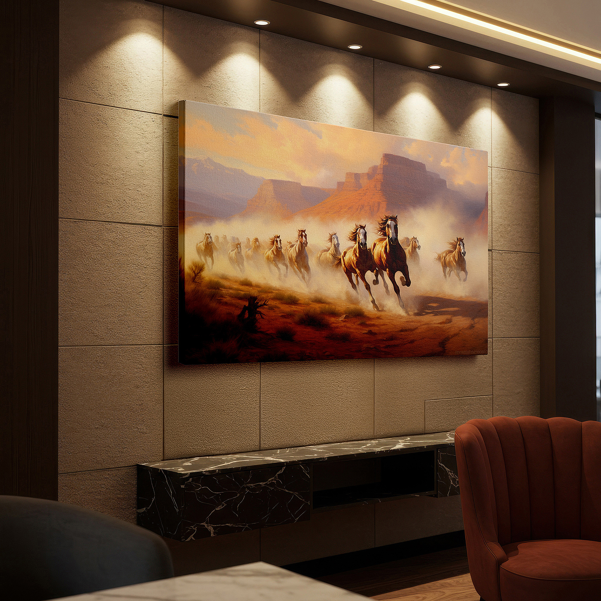 At 60×40 cm, this format fits effortlessly over dressers or benches — wild horses running in majestic canyon, sunlit dust enhances natural beauty, large wall art, canvas wall art, wall decor, office art