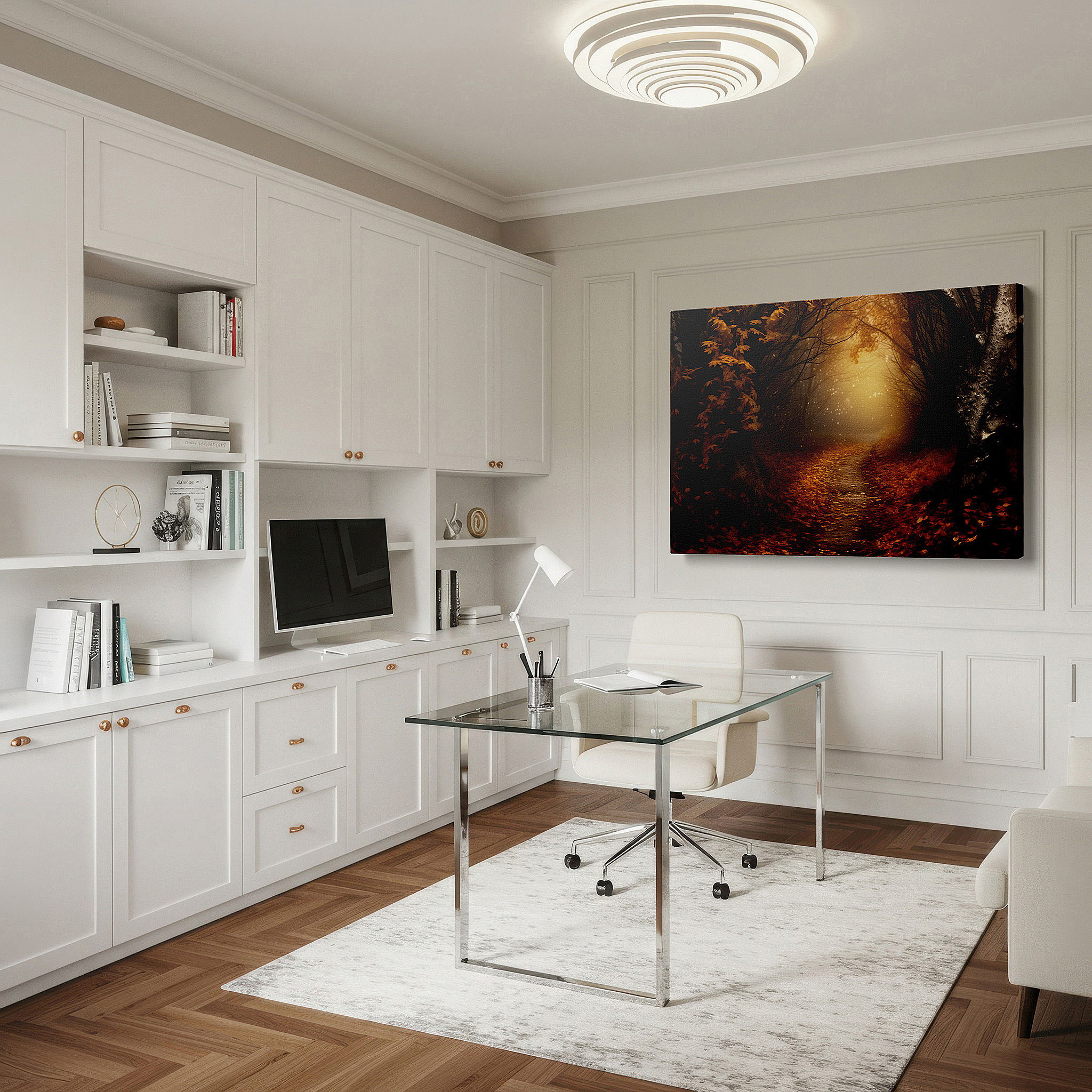 The 75×50 cm version anchors medium rooms without dominating them — autumn forest twilight stroll large canvas wall art for office, bedroom, and living room decor