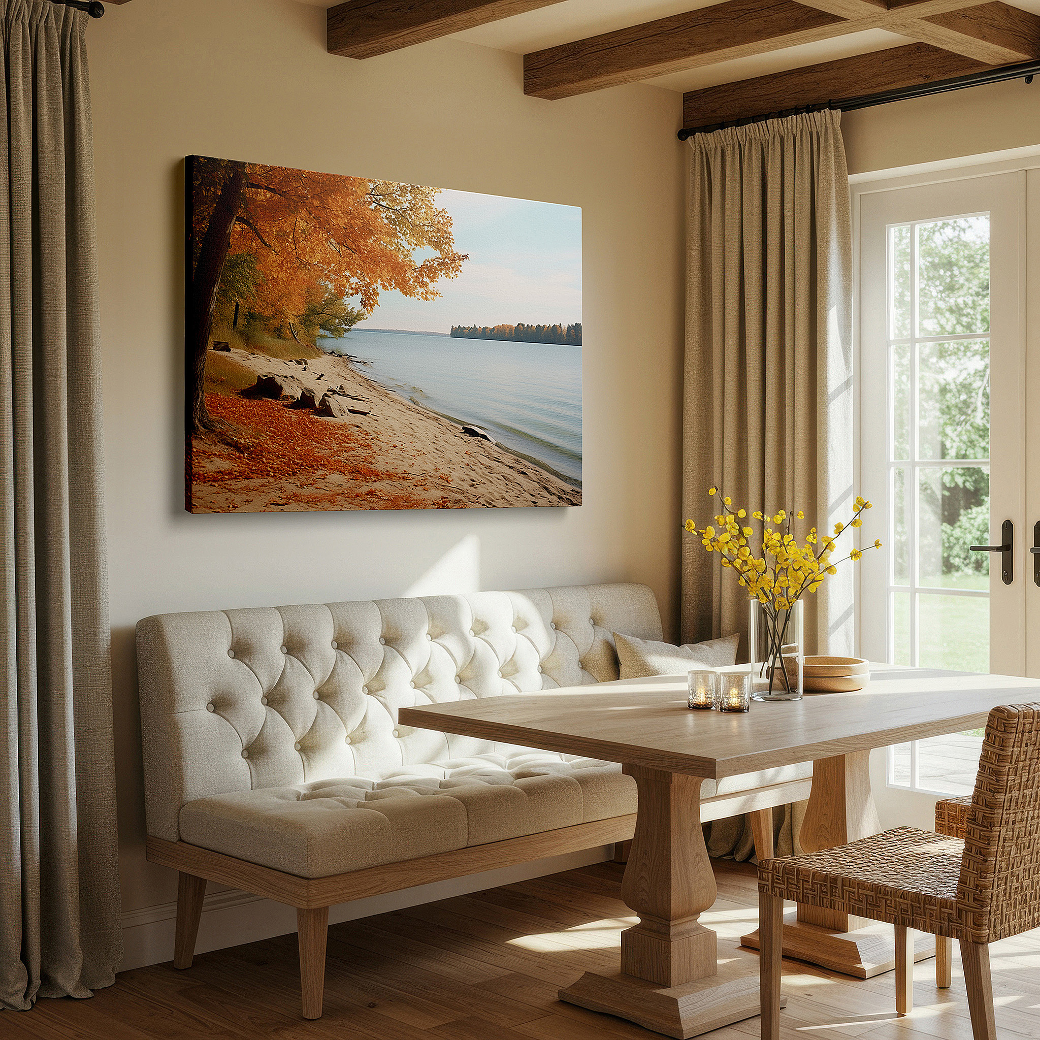 The 75×50 cm version anchors medium rooms without dominating them — autumn lakeside reflections in golden hues - large canvas wall art for office, bedroom, and living room decor
