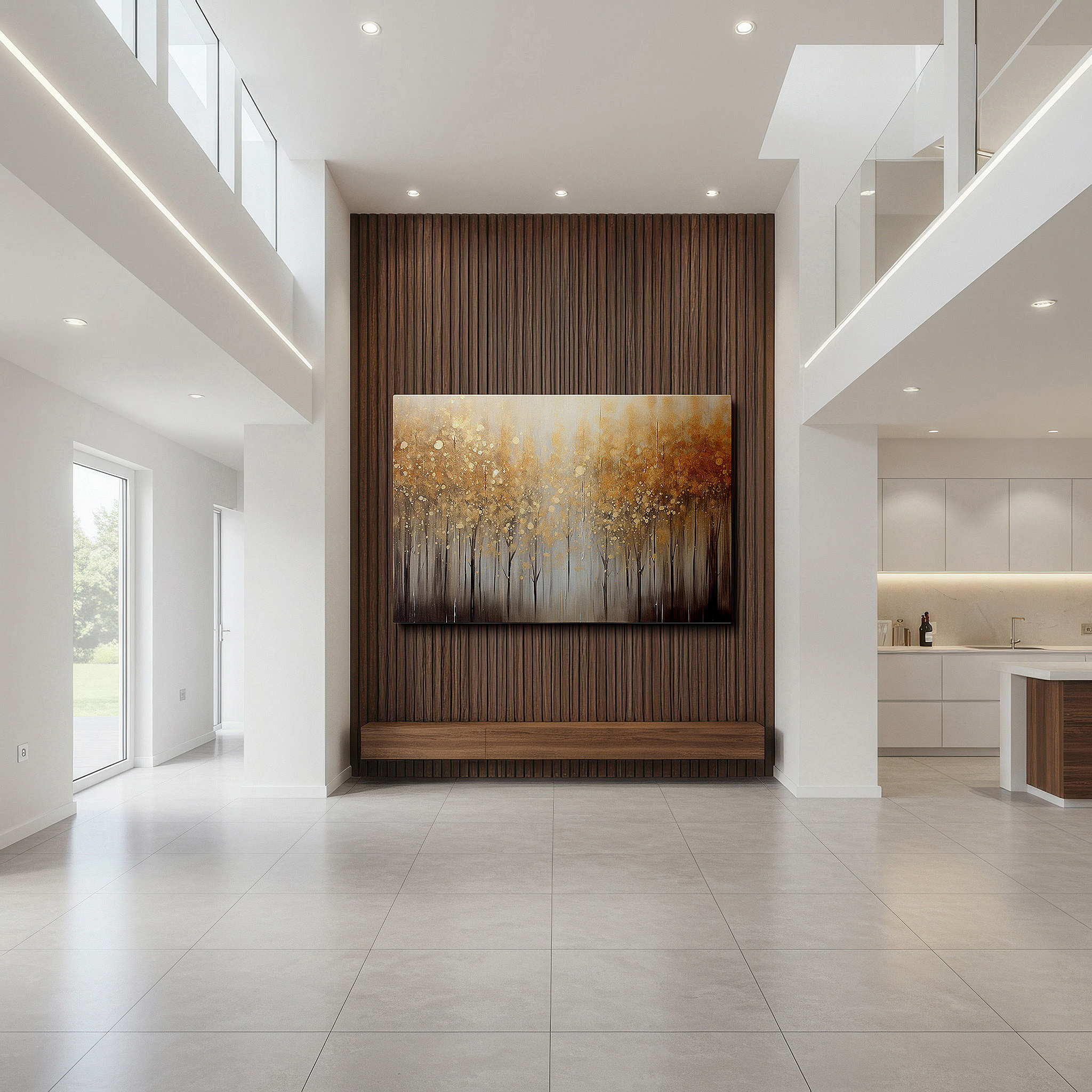 The 75×50 cm version anchors medium rooms without dominating them — autumn's ethereal tapestry: a golden abstract forest - large wall art, canvas wall art, wall decor for office and bedroom