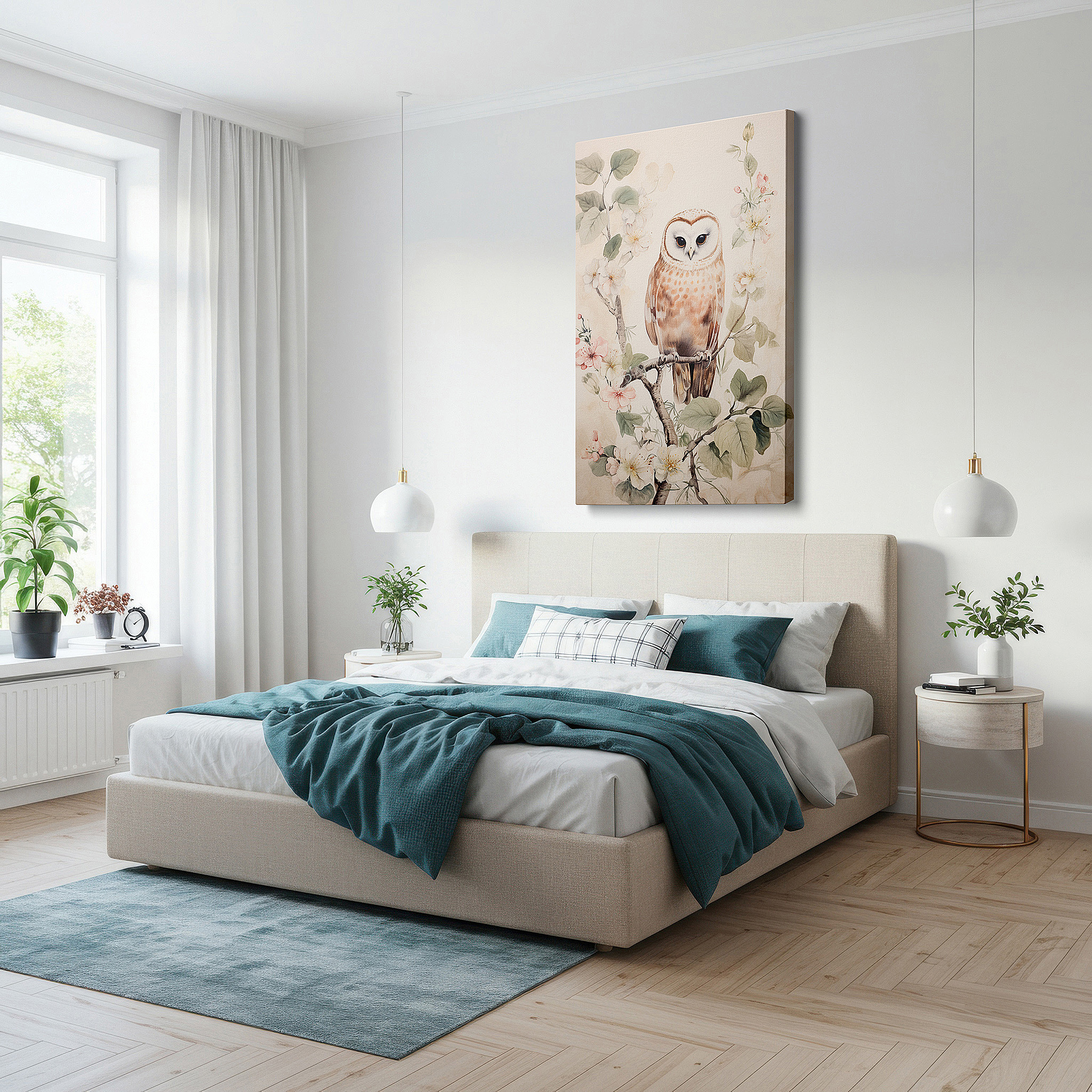 The 75×50 cm version anchors medium rooms without dominating them — barn owl perched gracefully on a blossom-filled branch, serene nature portrait large wall art, canvas wall art, wall decor for office