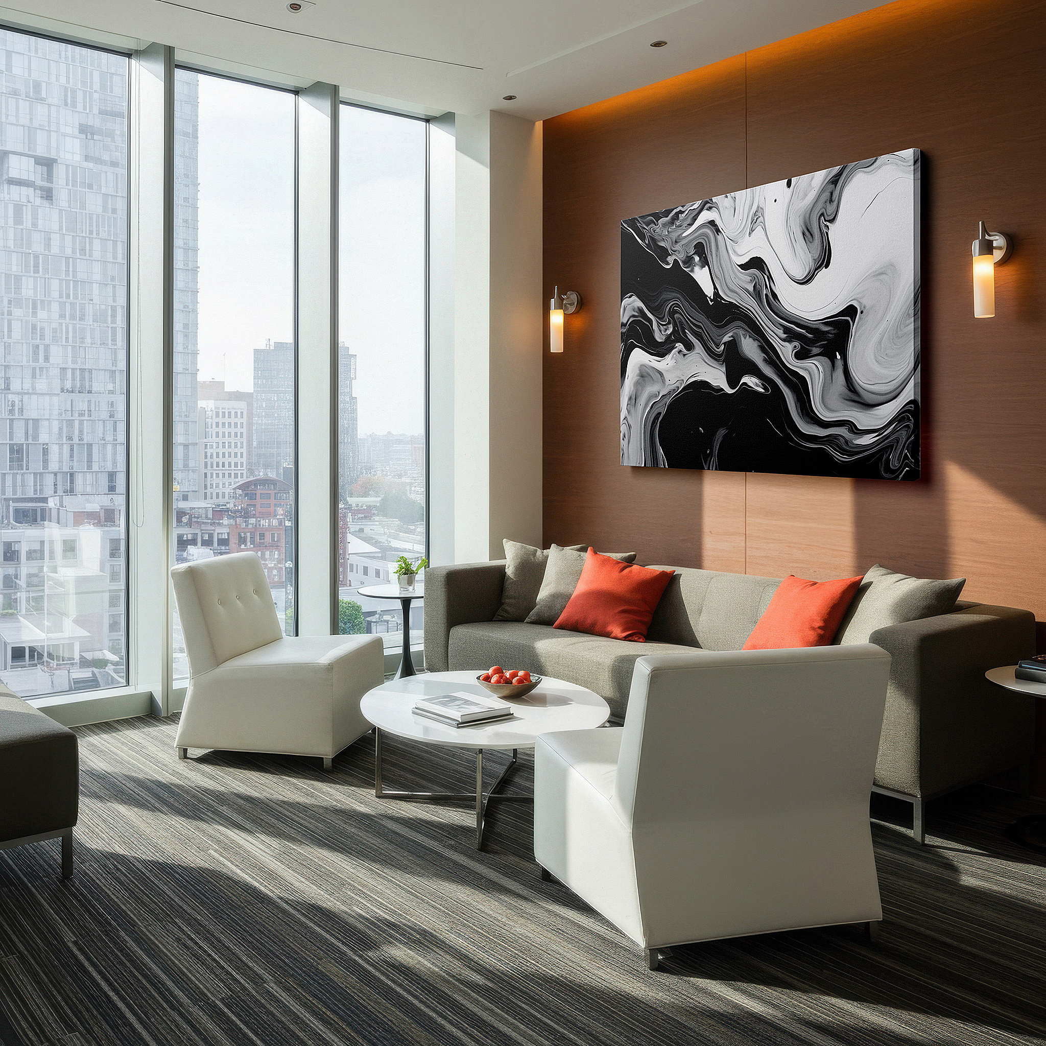 The 75×50 cm version anchors medium rooms without dominating them — black and white large wall art: a dance of chaos and harmony, perfect for office, bedroom, and living room decor