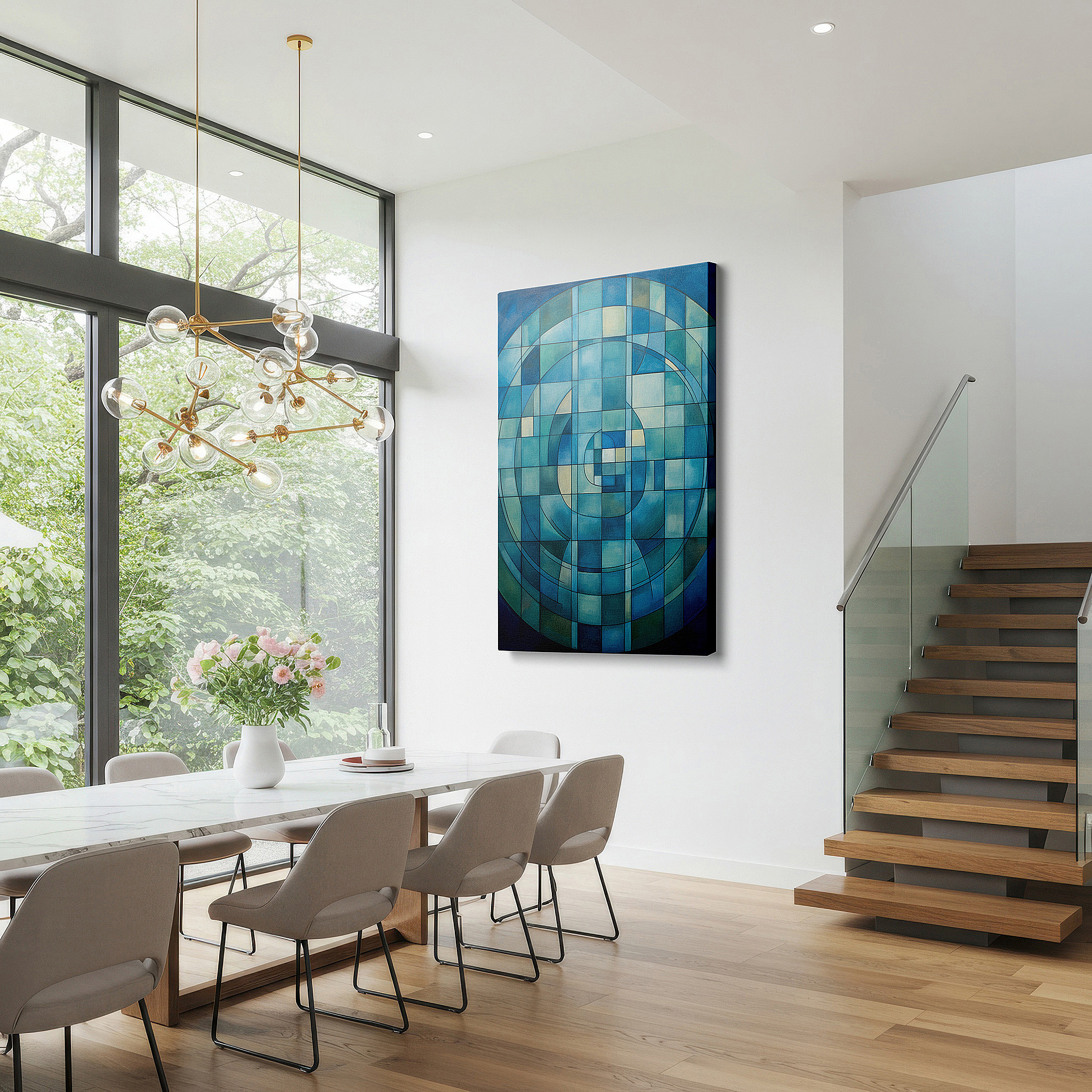 The 75×50 cm version anchors medium rooms without dominating them — blue geometric symphony - abstract shapes large canvas wall art, office and bedroom wall decor
