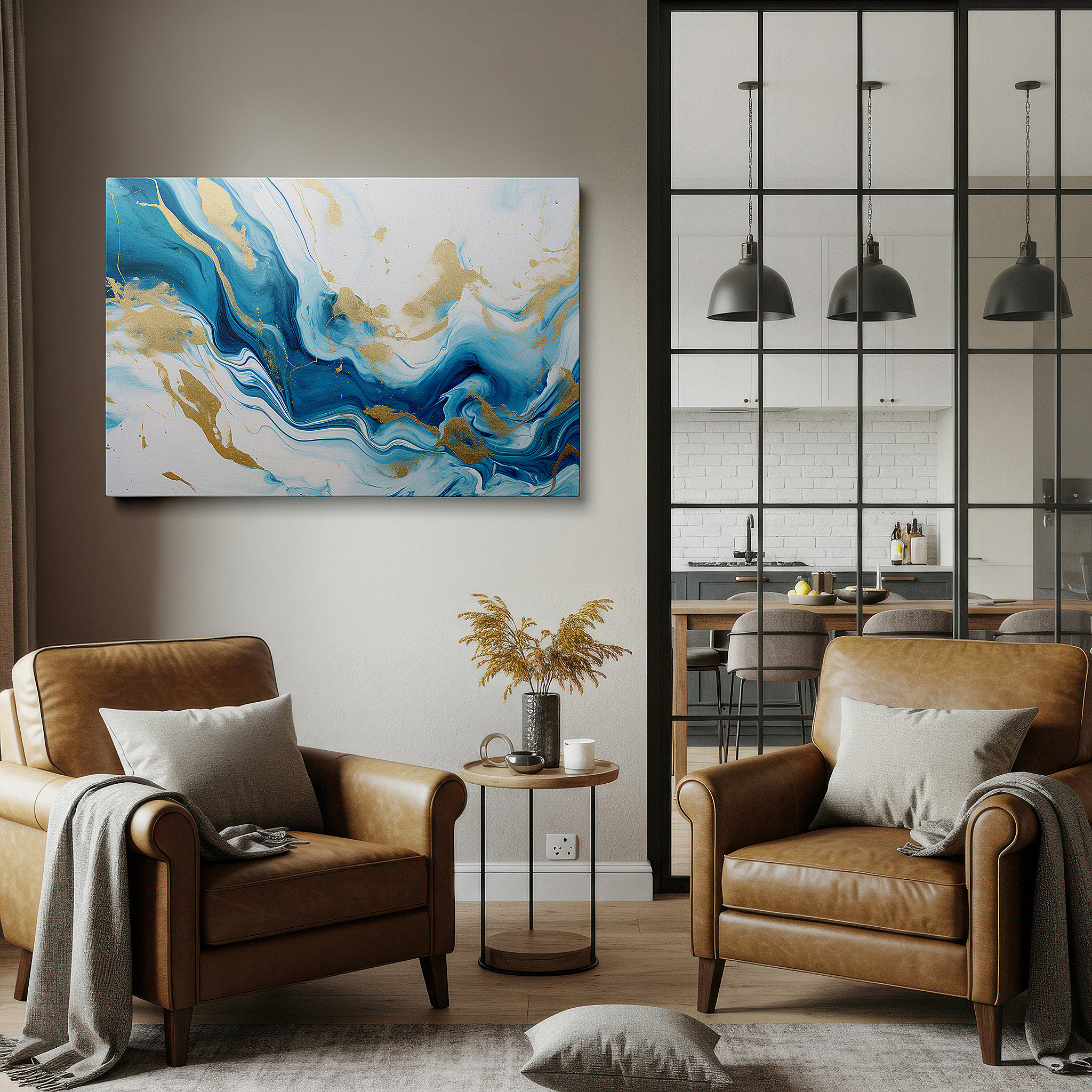 The 75×50 cm version anchors medium rooms without dominating them — blue and gold enchanting nature-inspired large wall art, canvas decor for office and bedroom