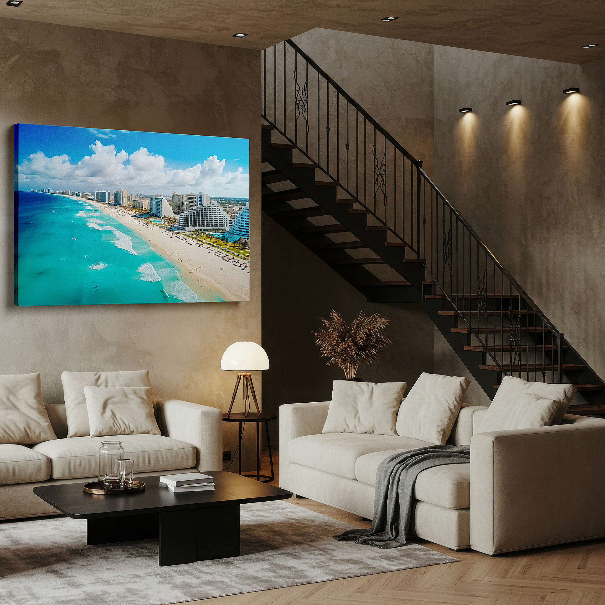 The 75×50 cm version anchors medium rooms without dominating them — cancun's aerial splendor: beach paradise with lush resorts and turquoise waters - large canvas wall art for office decor