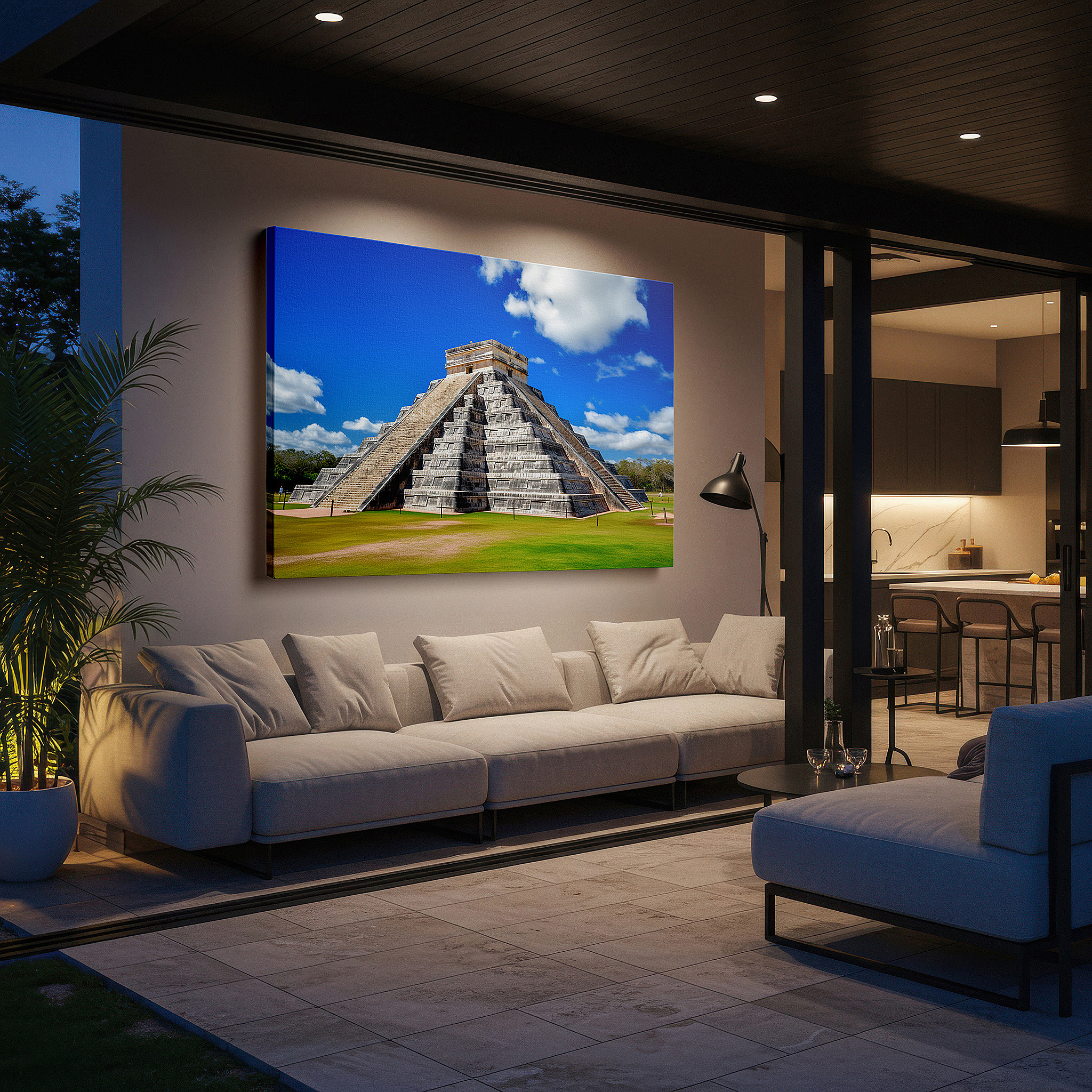 The 75×50 cm version anchors medium rooms without dominating them — chichen itza majesty - a celebration of mayan ingenuity and the cycles of time - large wall art, canvas wall art, wall decor for office and bedroom