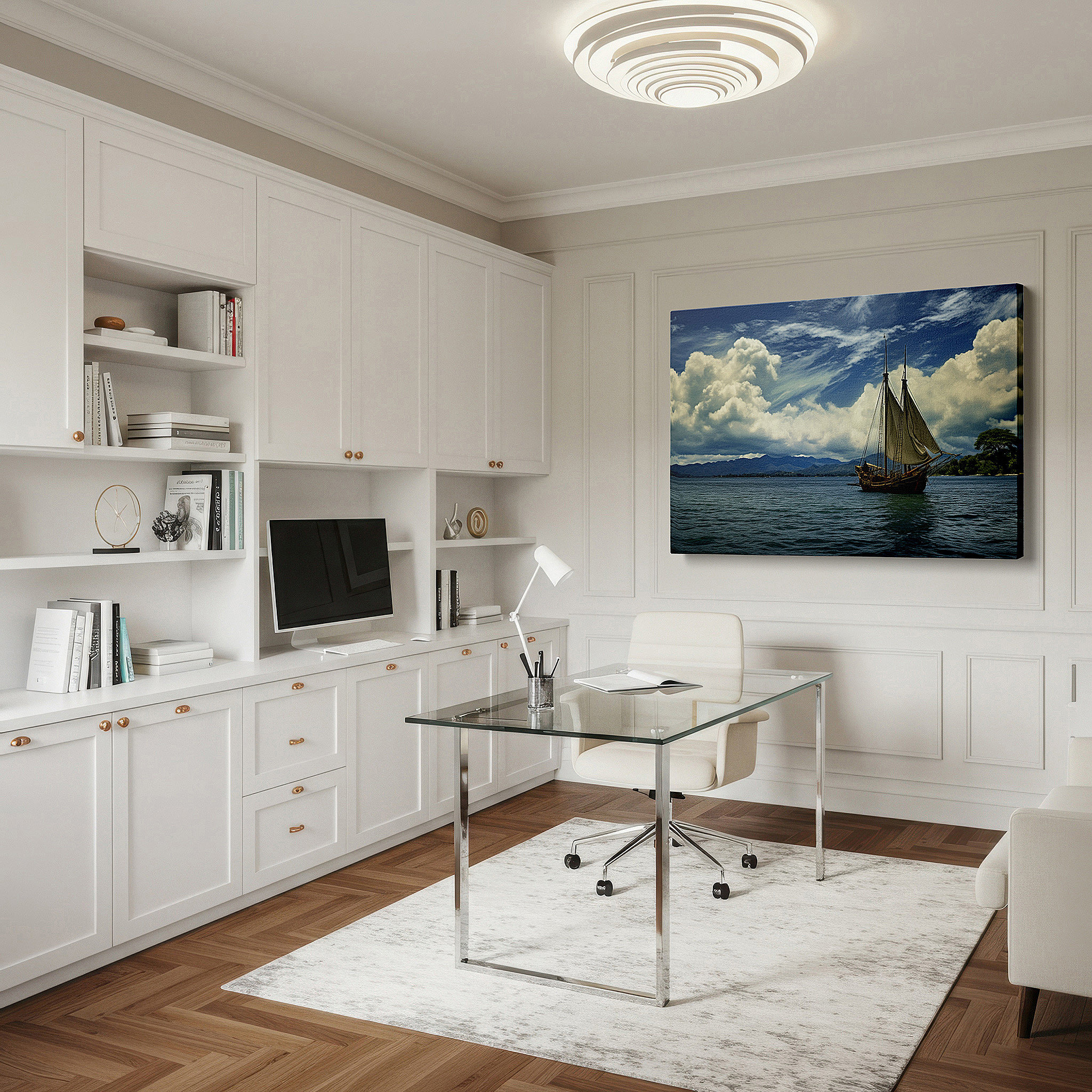 The 75×50 cm version anchors medium rooms without dominating them — classic sailing ship on calm waters with verdant scenery large wall art, canvas wall art, wall decor for office, bedroom, and living room